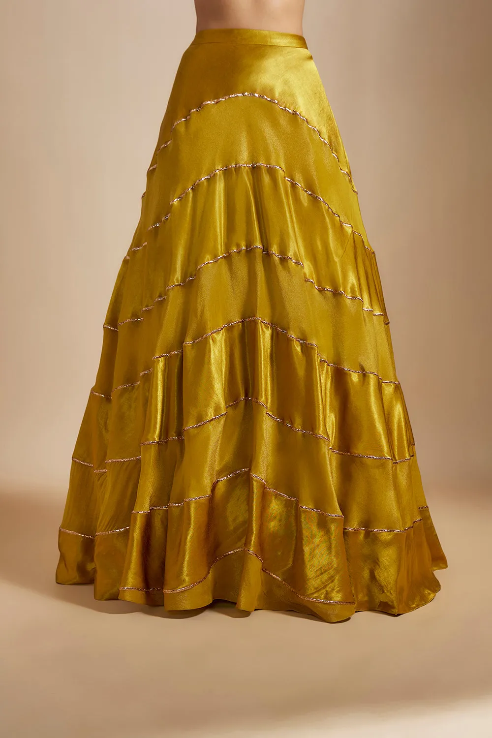 Mustard Block Skirt With Badla Embroidered blouse With Shibori Dupatta