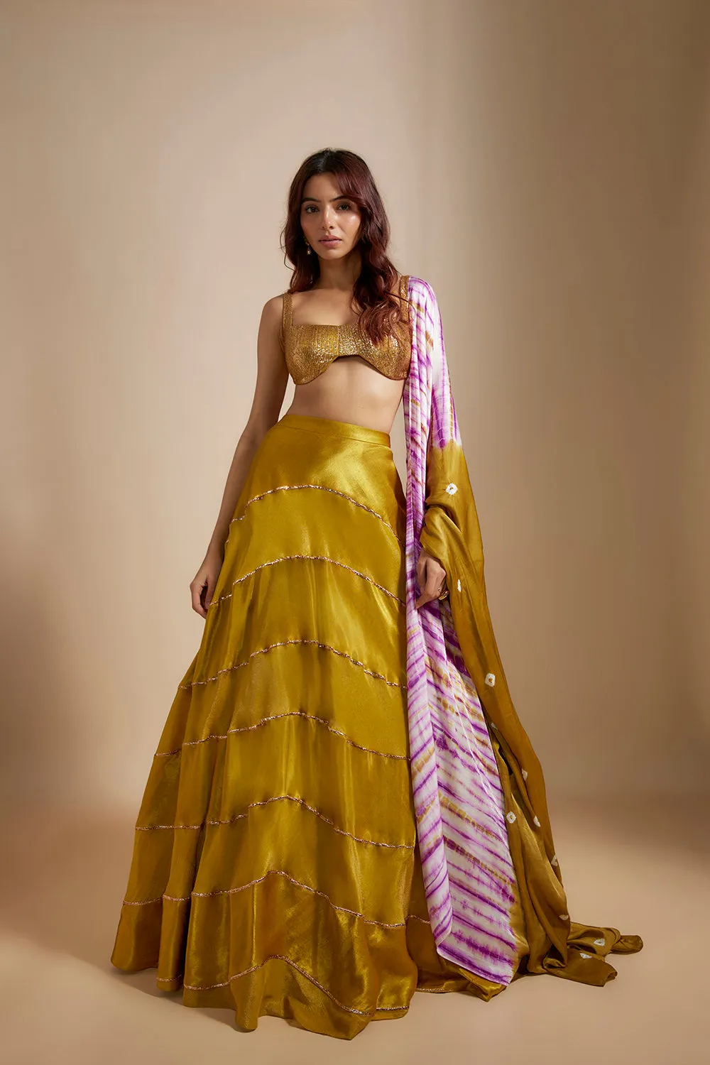 Mustard Block Skirt With Badla Embroidered blouse With Shibori Dupatta