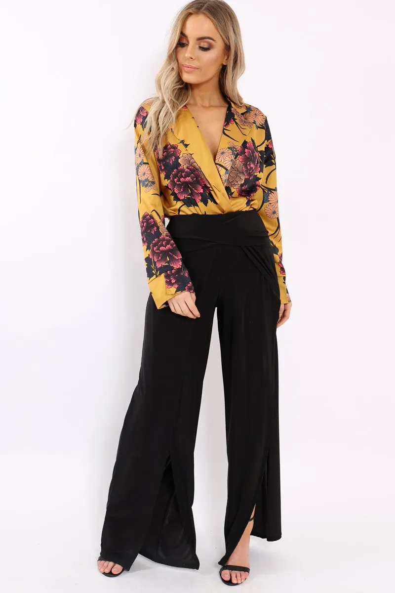 Mustard Flower Print Plunge Satin Bodysuit - Madelynn