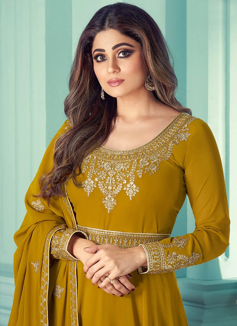 Mustard Yellow And Gold Embroidered Anarkali