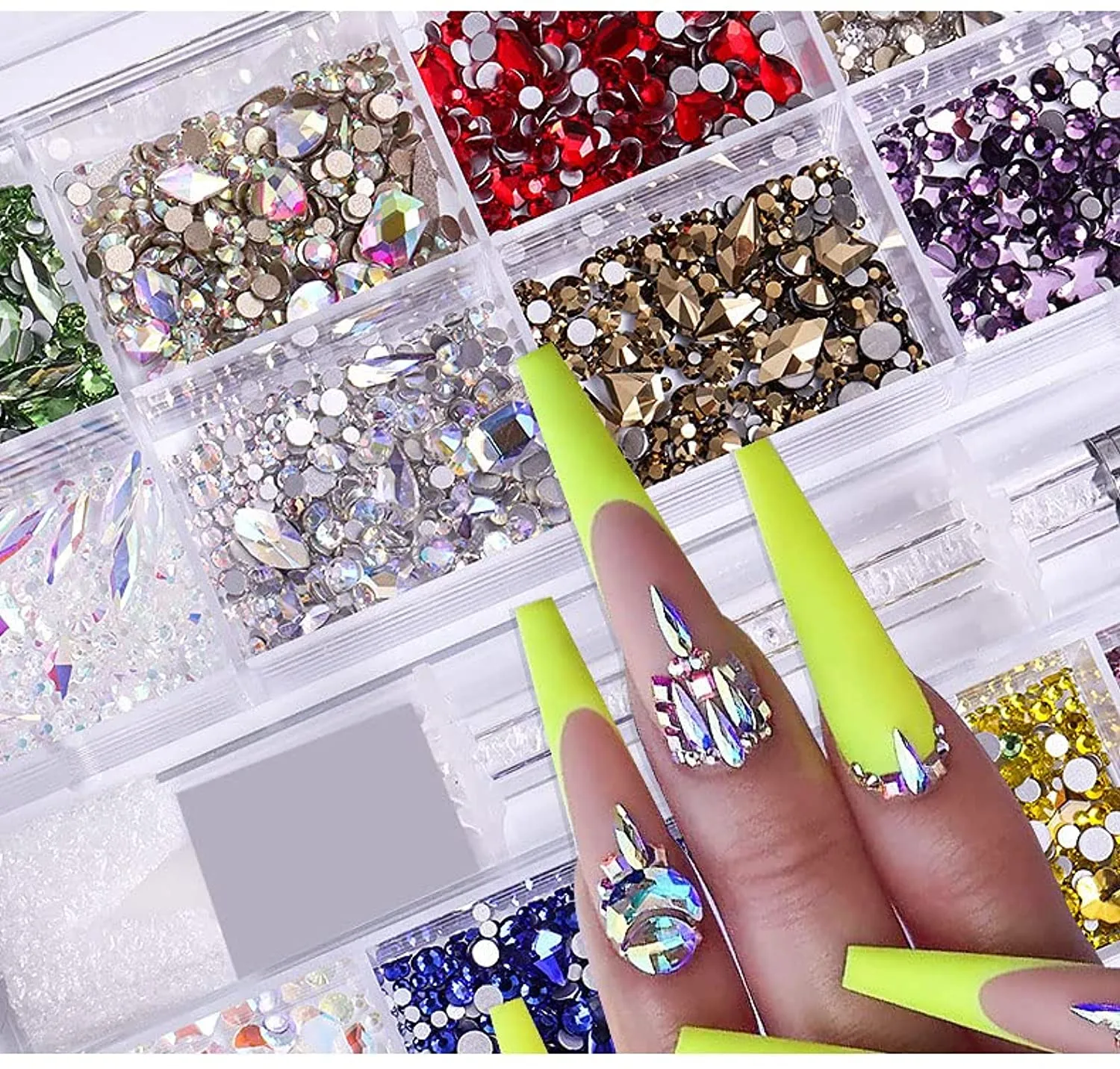 Nail Rhinestones Kit, 21 Grid Nail AB Crystal Charms,SITELENABY Multi Shapes Rhinestones Glass Crystal Diamond Flat back Professional Nail Art Decorations DIY Nail Art Craft with Pick Pen (Mix)