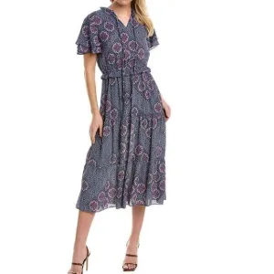 Nanette Lepore Bali Orchid Ruffle Midi Dress Women's Size 12 Lightweight