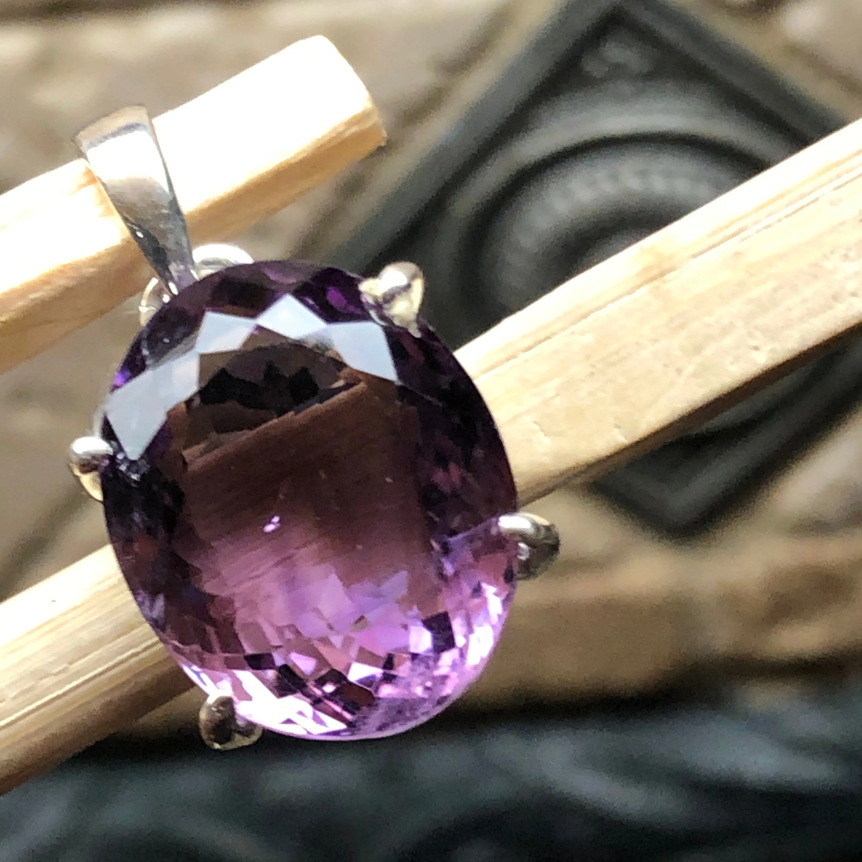 Natural 12ct Amethyst 925 Solid Sterling Silver Pendant 25mm
