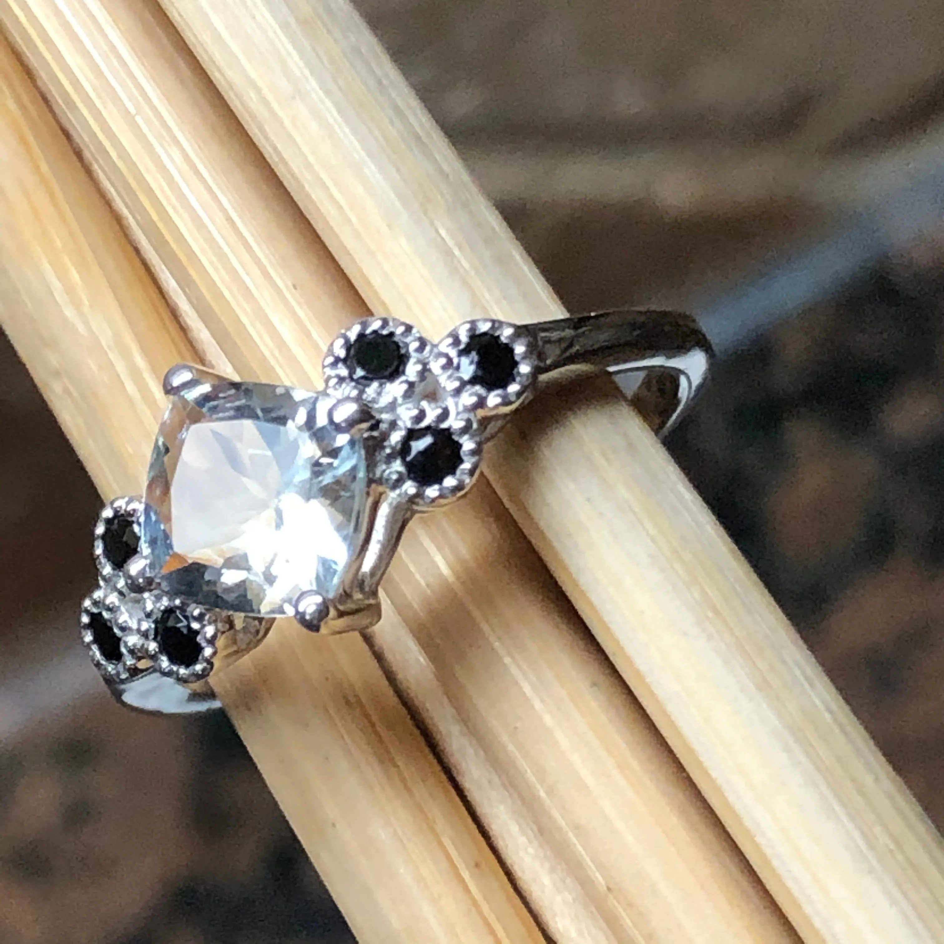 Natural 1ct Aquamarine, Blue Sapphire 925 Solid Sterling Silver Engagement Ring Size 6, 7, 8, 9