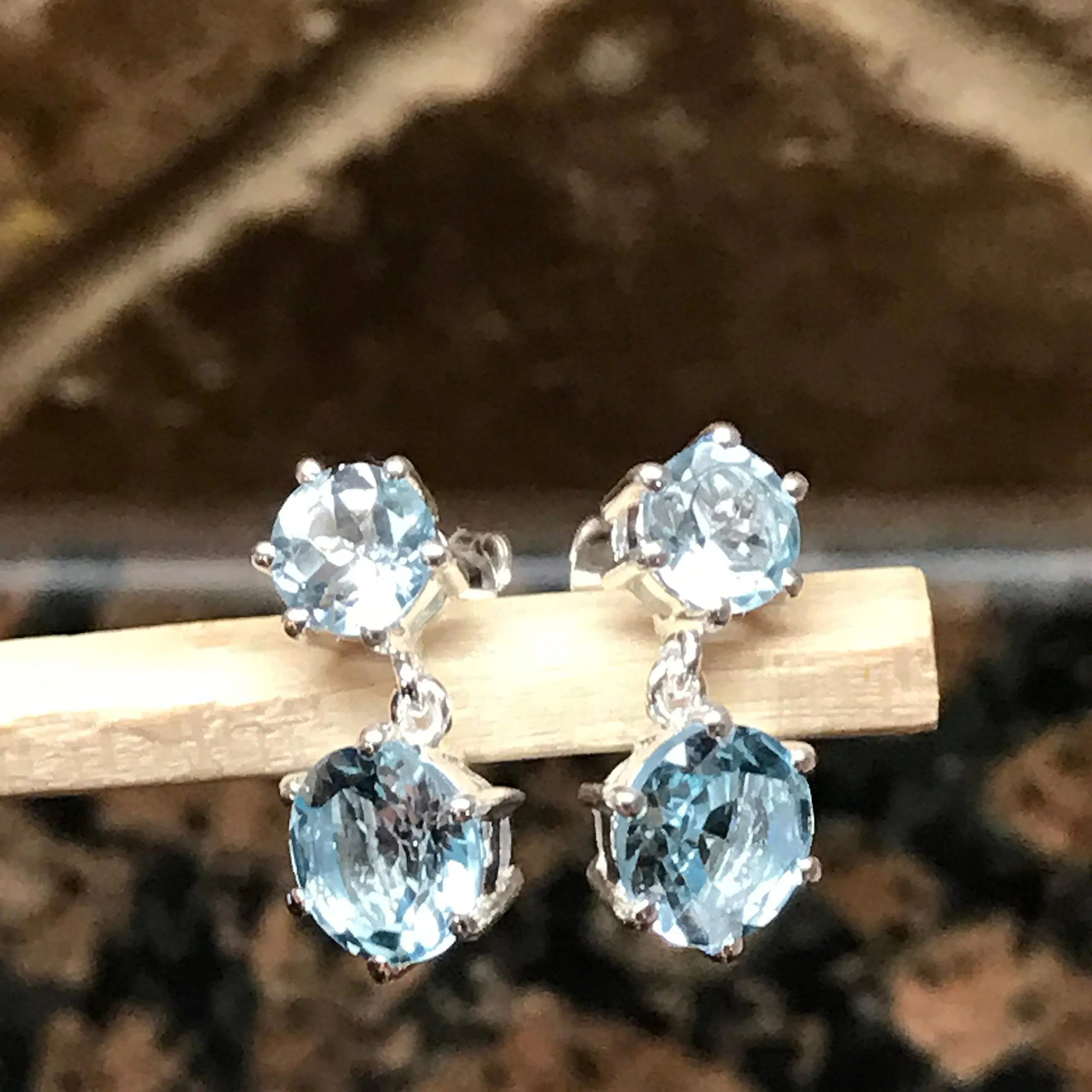 Natural 2.5ct Blue Topaz 925 Solid Sterling Silver Earrings 18mm