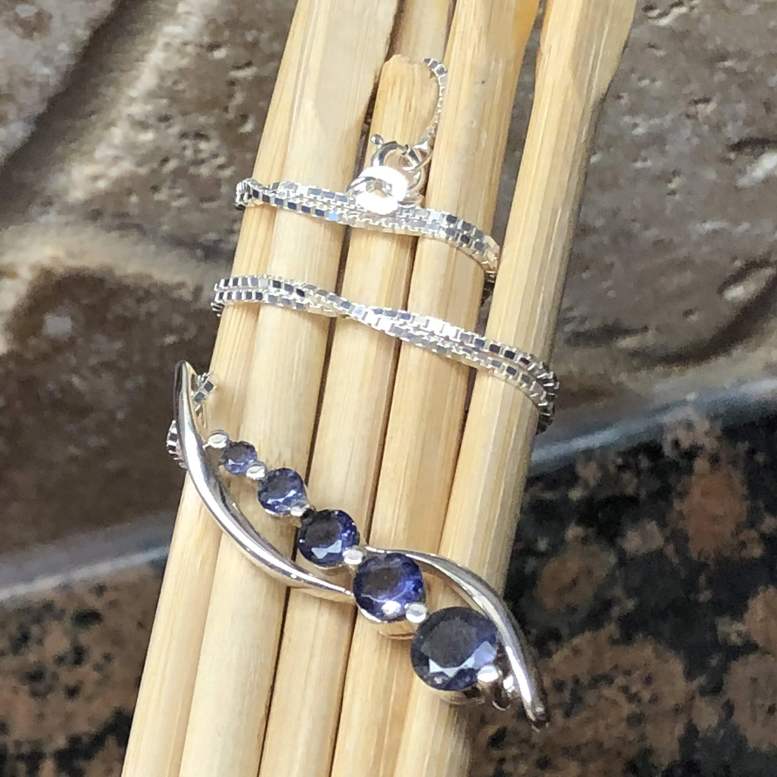 Natural 2.5ct Iolite 925 Solid Sterling Silver Journey Pendant Necklace 16"