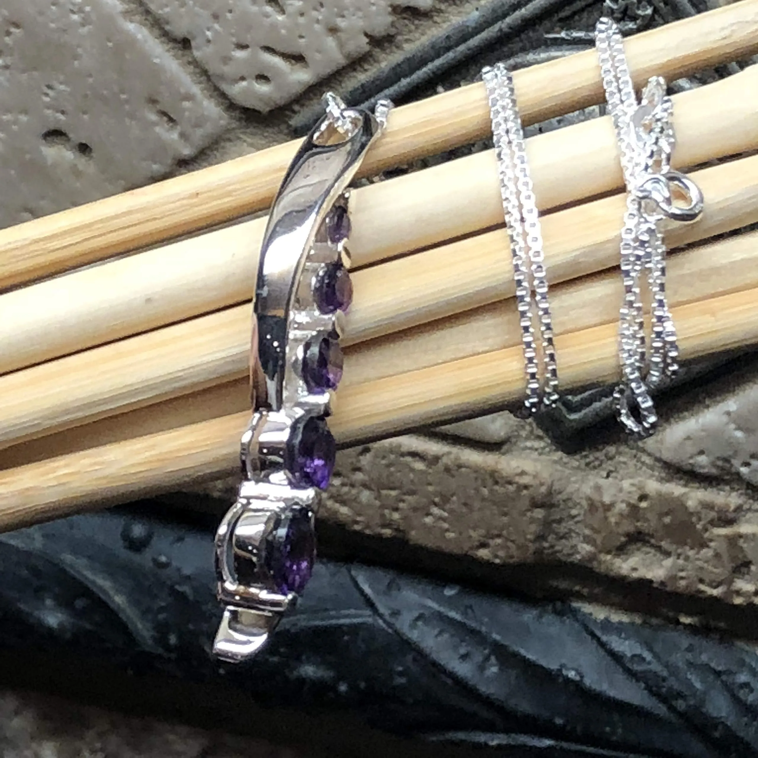 Natural 2.5ct Purple Amethyst 925 Solid Sterling Silver Pendant Necklace 16"