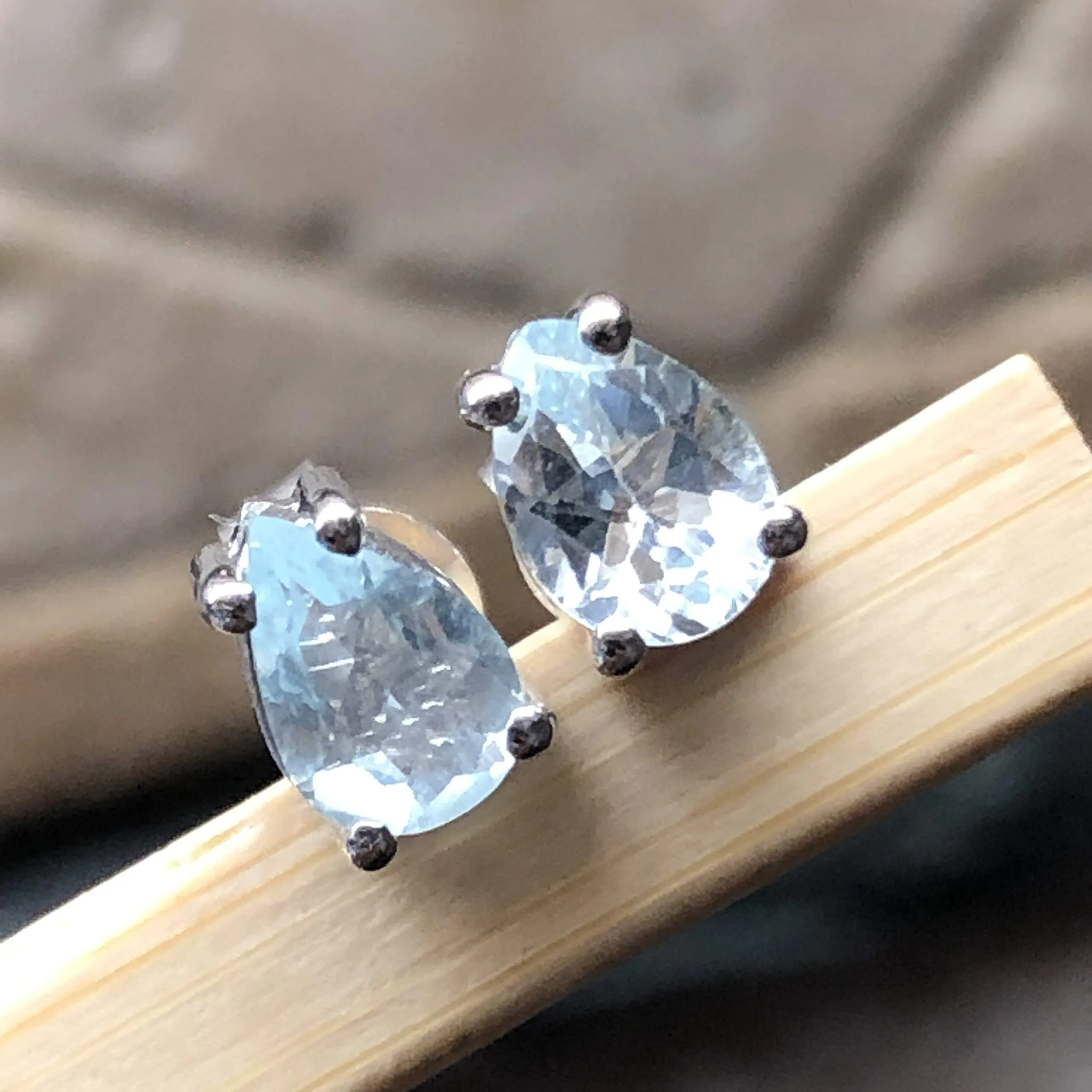 Natural 2ct Blue Aquamarine 925 Solid Sterling Silver Earrings 6mm