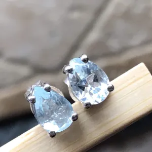 Natural 2ct Blue Aquamarine 925 Solid Sterling Silver Earrings 6mm