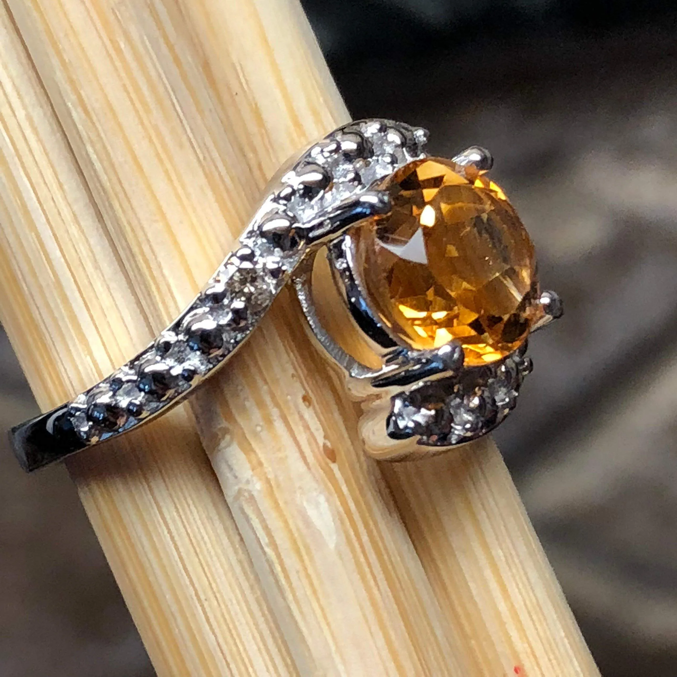 Natural 2ct Golden Citrine, White Diamond 925 Solid Sterling Silver Engagement Ring Size 6, 7, 8, 9