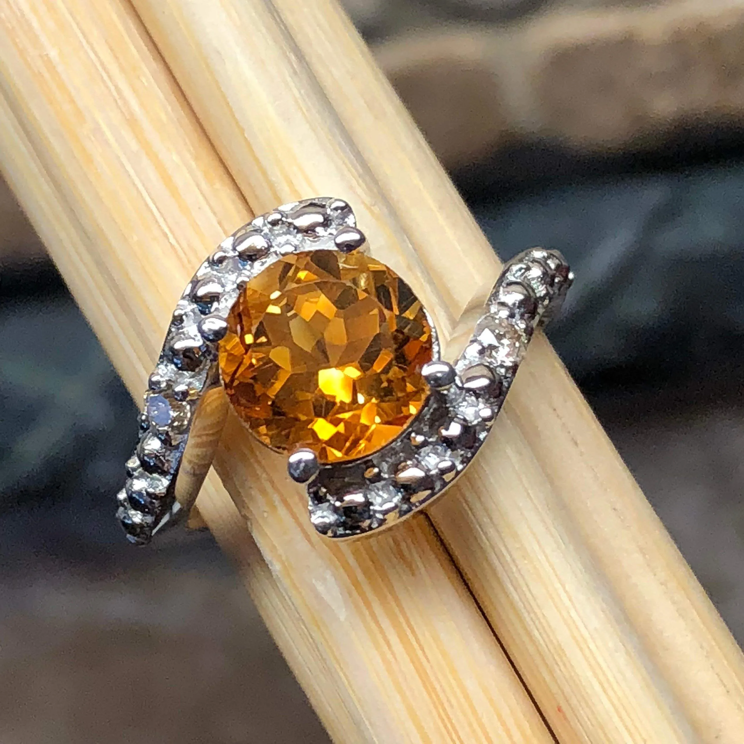 Natural 2ct Golden Citrine, White Diamond 925 Solid Sterling Silver Engagement Ring Size 6, 7, 8, 9