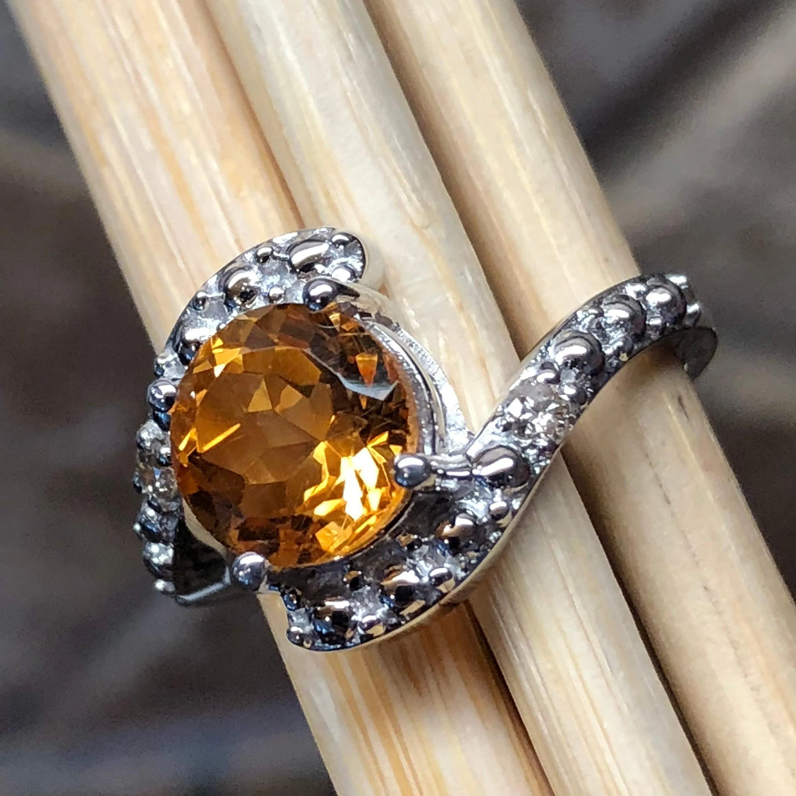 Natural 2ct Golden Citrine, White Diamond 925 Solid Sterling Silver Engagement Ring Size 6, 7, 8, 9