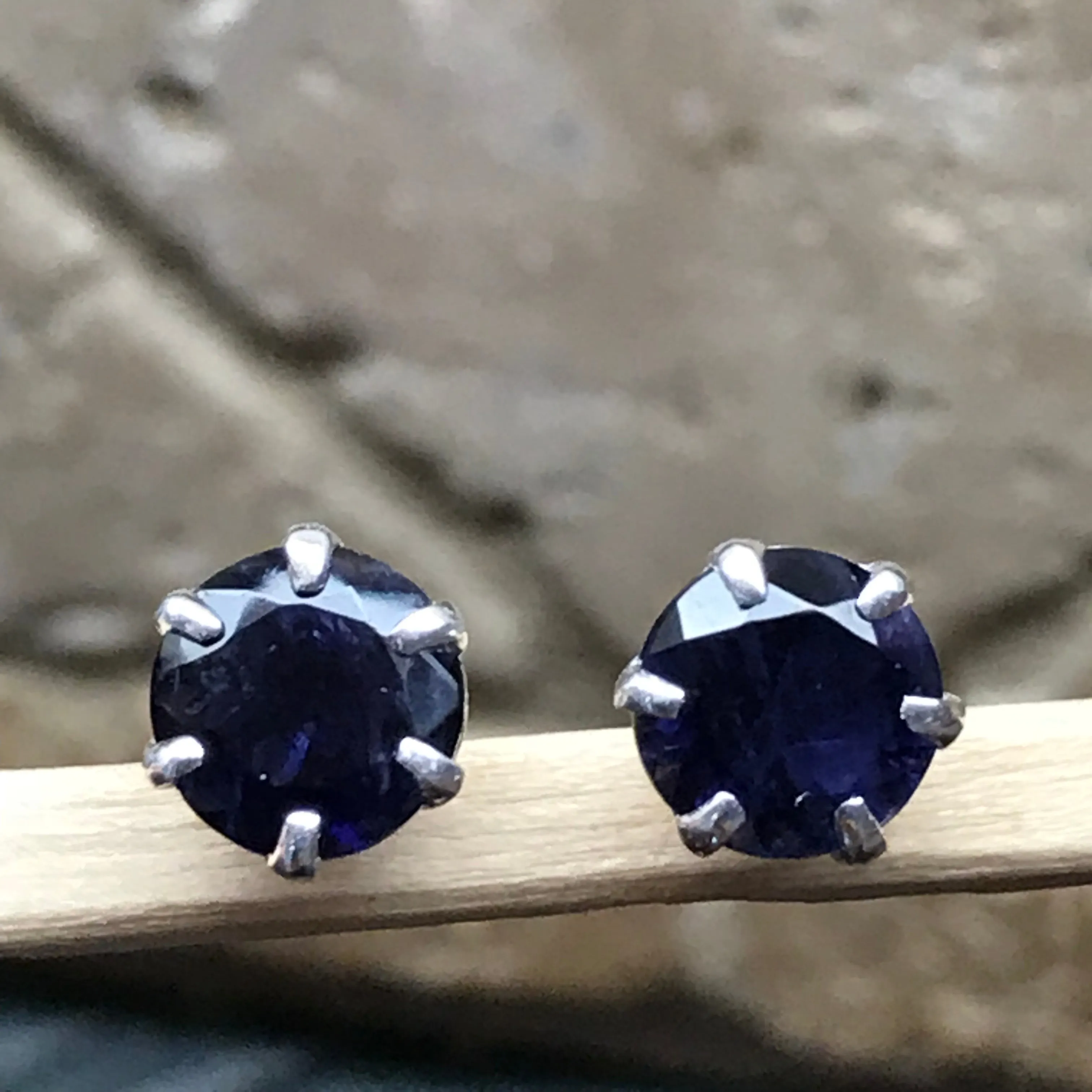 Natural 2ct Iolite 925 Solid Sterling Silver Earrings 7mm