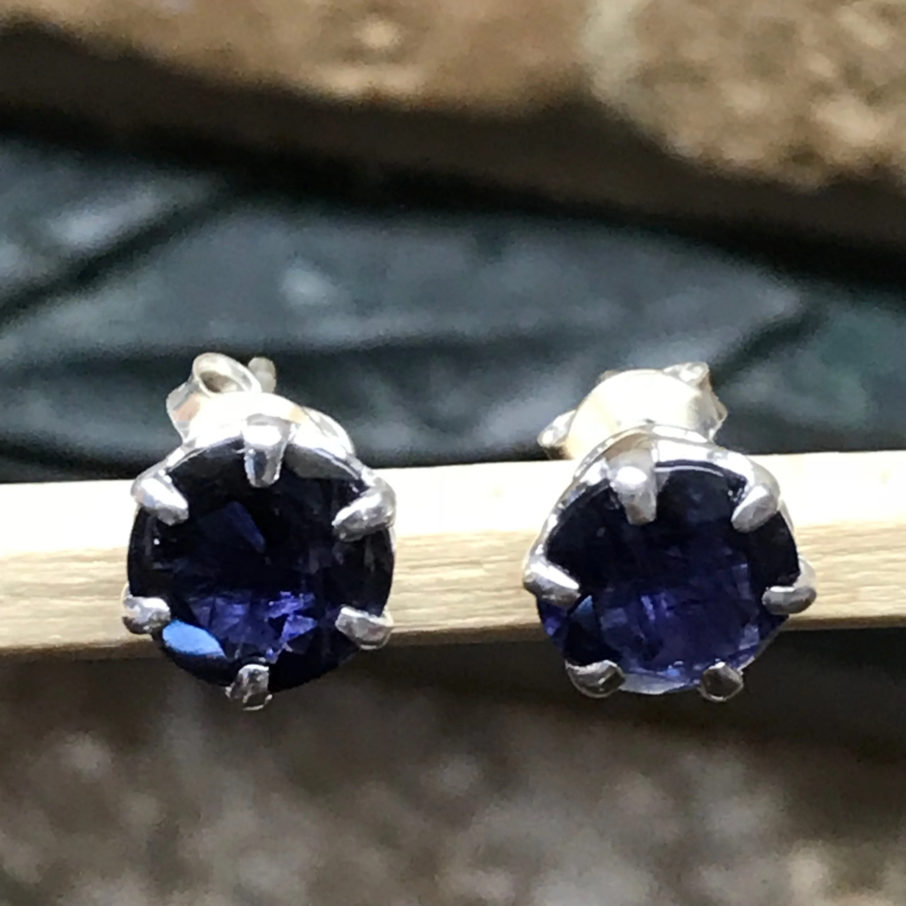 Natural 2ct Iolite 925 Solid Sterling Silver Earrings 7mm