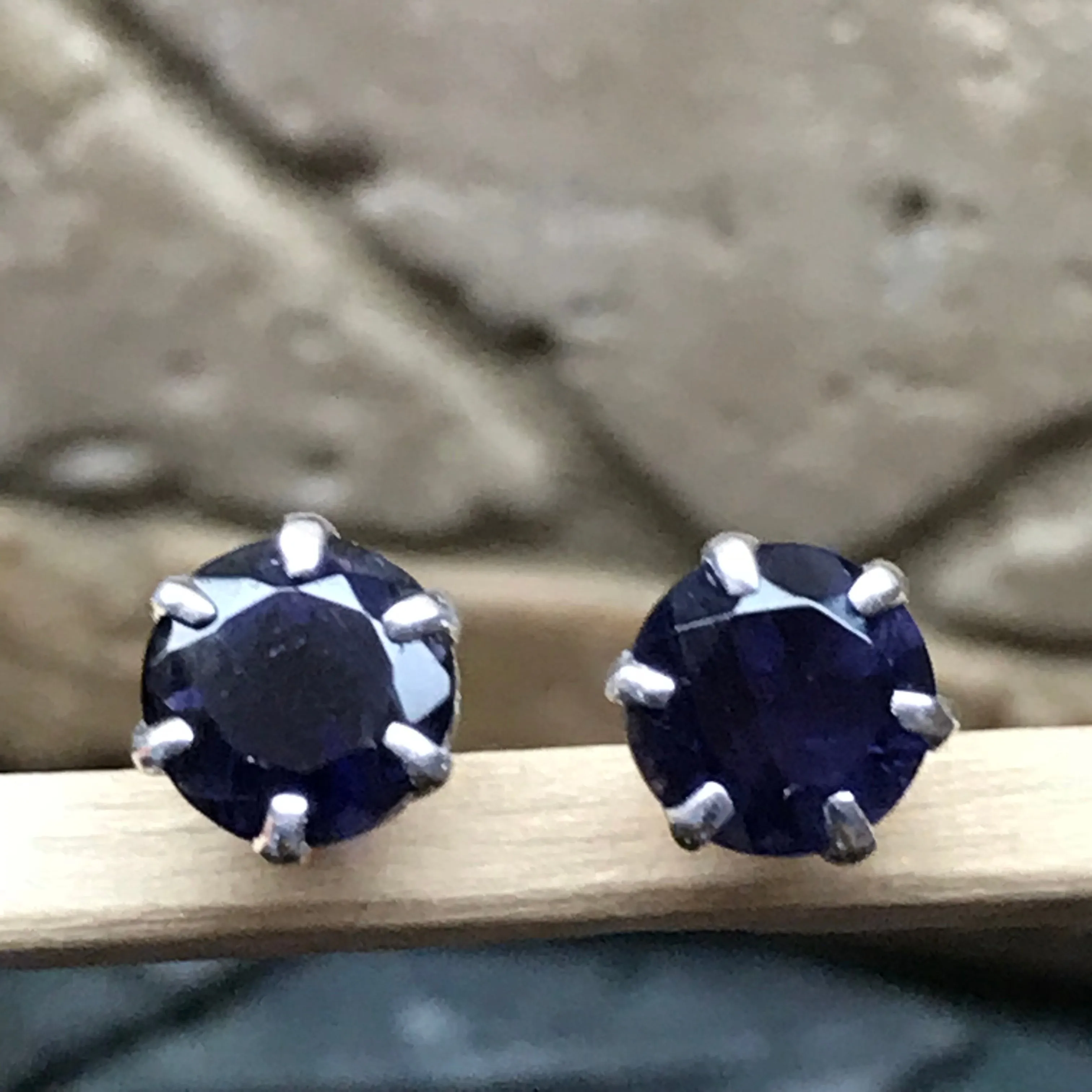 Natural 2ct Iolite 925 Solid Sterling Silver Earrings 7mm