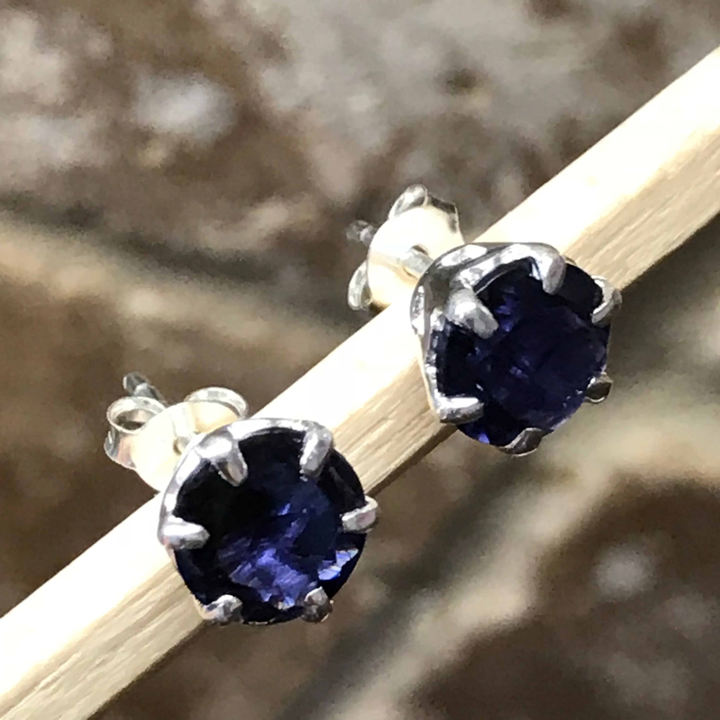 Natural 2ct Iolite 925 Solid Sterling Silver Earrings 7mm