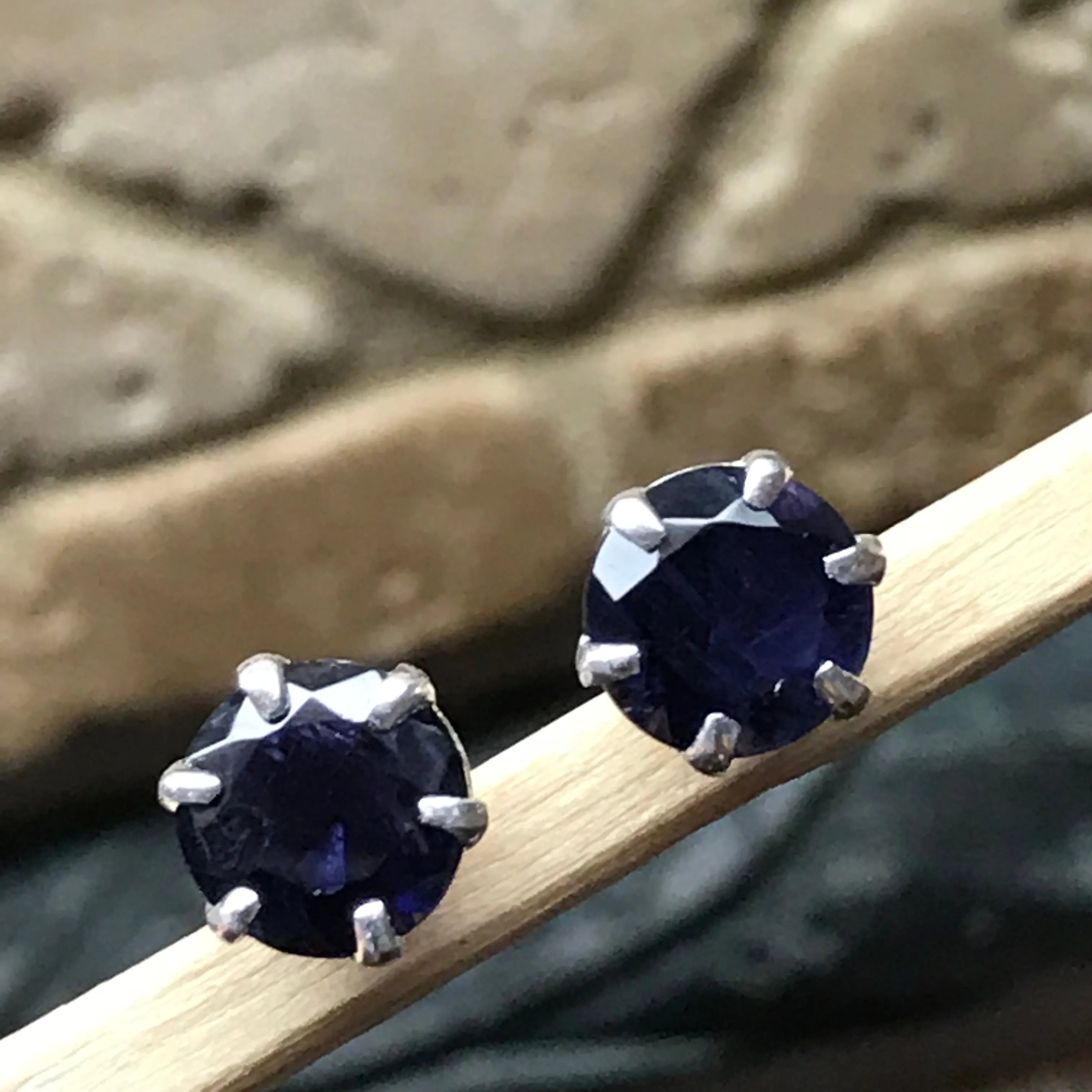 Natural 2ct Iolite 925 Solid Sterling Silver Earrings 7mm