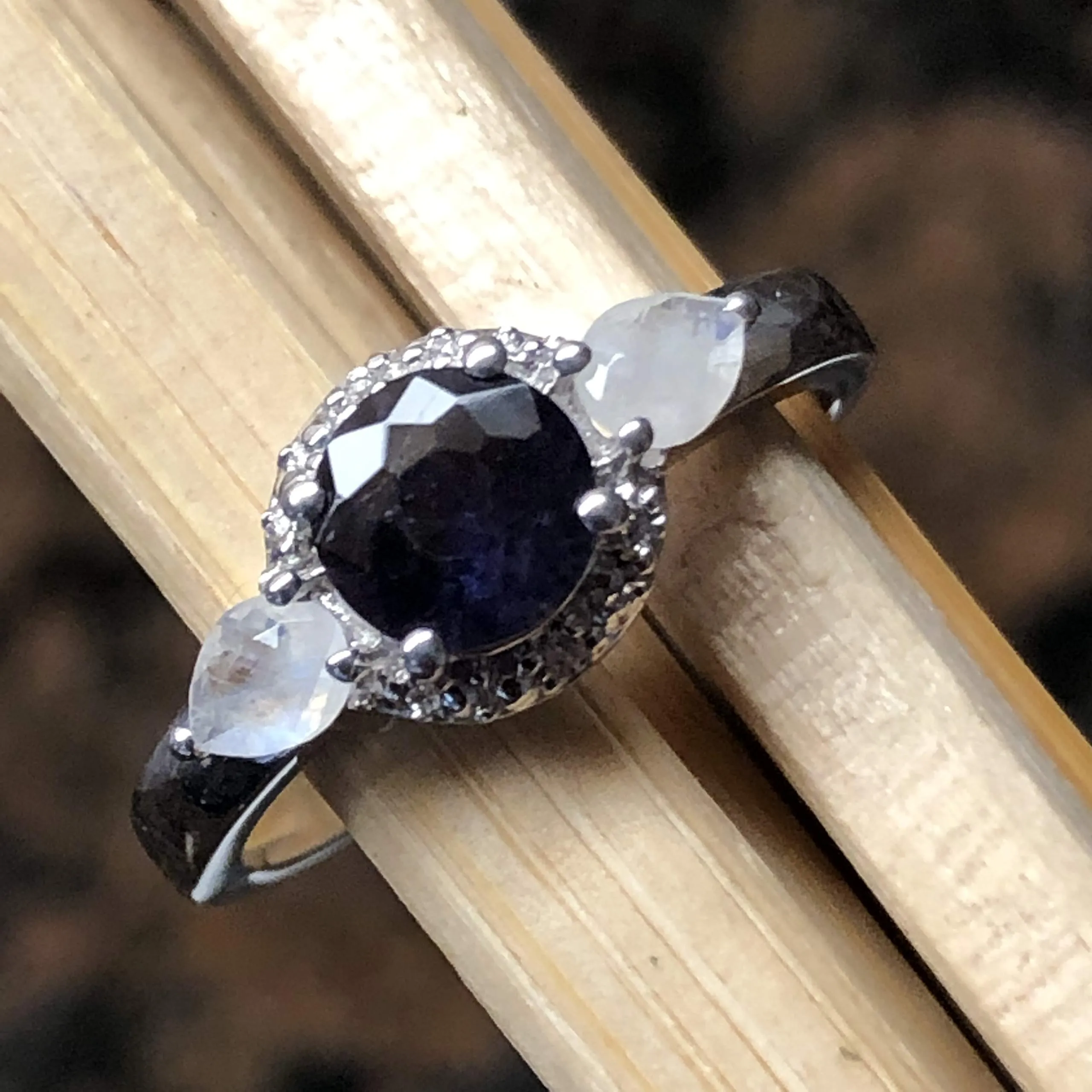 Natural 2ct Iolite, Rainbow Moonstone 925 Solid Sterling Silver Ring Size 5, 6, 7, 8, 9