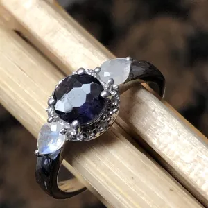 Natural 2ct Iolite, Rainbow Moonstone 925 Solid Sterling Silver Ring Size 5, 6, 7, 8, 9