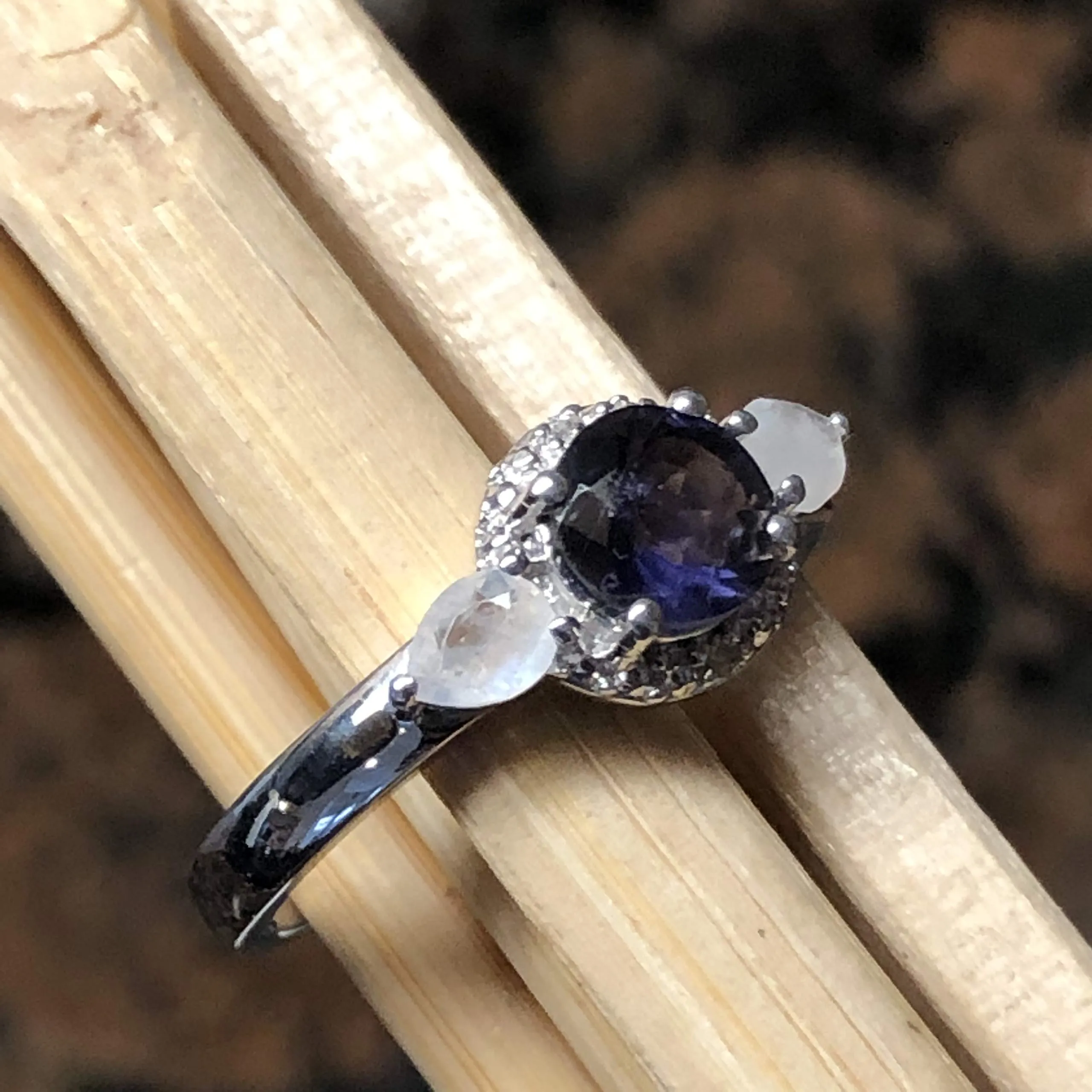 Natural 2ct Iolite, Rainbow Moonstone 925 Solid Sterling Silver Ring Size 5, 6, 7, 8, 9