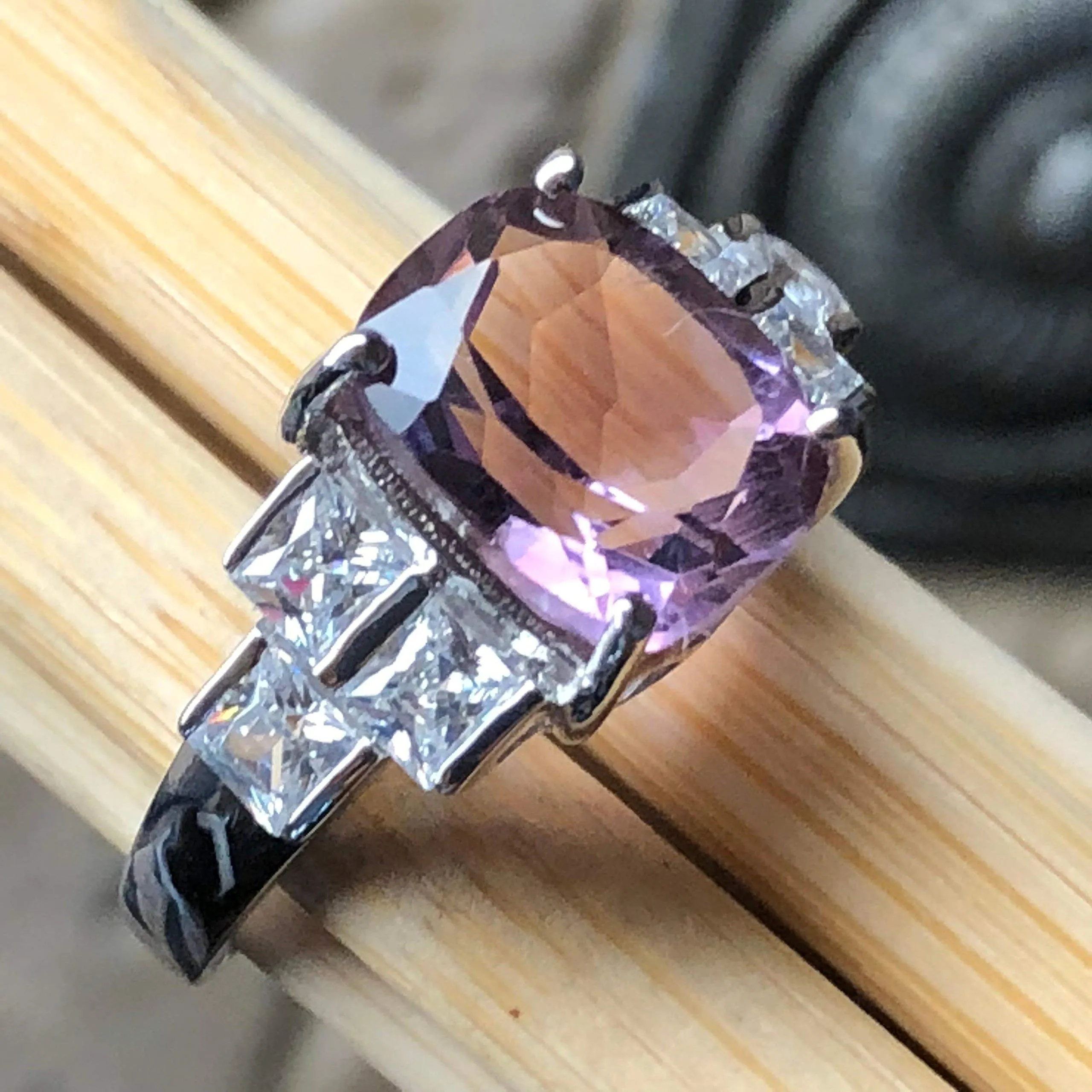 Natural 2ct Purple Amethyst, White Topaz 925 Solid Sterling Silver Engagement Ring Size 5, 6, 7, 8, 9
