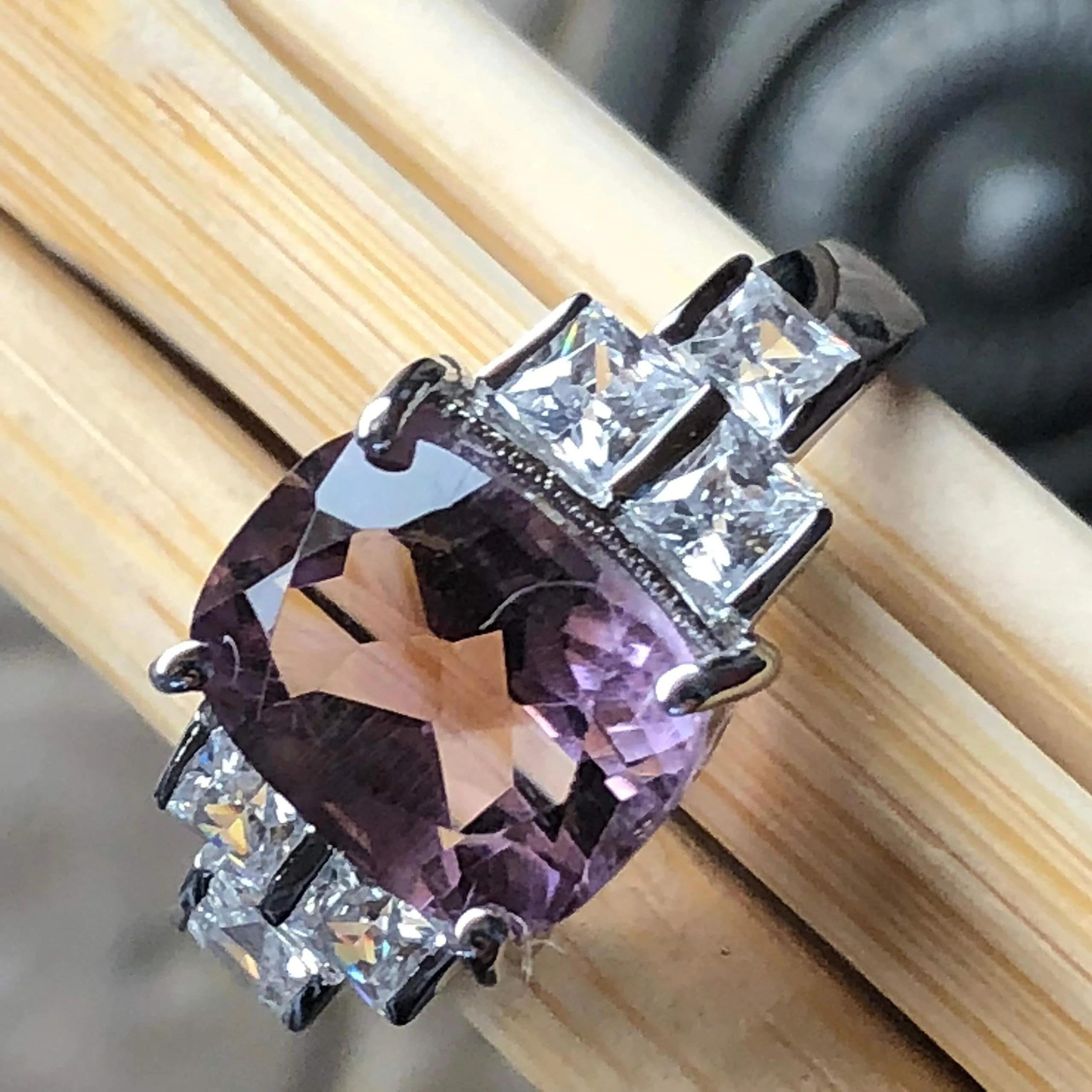 Natural 2ct Purple Amethyst, White Topaz 925 Solid Sterling Silver Engagement Ring Size 5, 6, 7, 8, 9