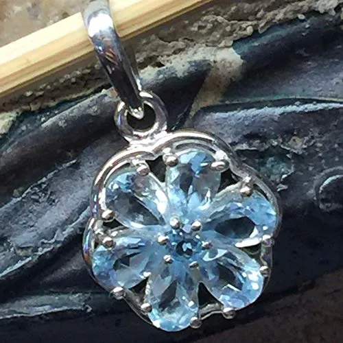 Natural 3.5ct Blue Topaz 925 Solid Sterling Silver Flower Pendant 24mm