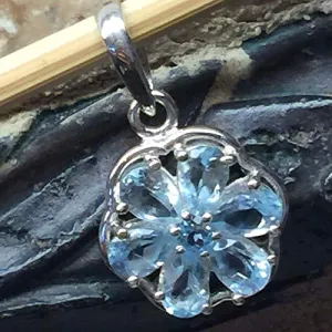Natural 3.5ct Blue Topaz 925 Solid Sterling Silver Flower Pendant 24mm