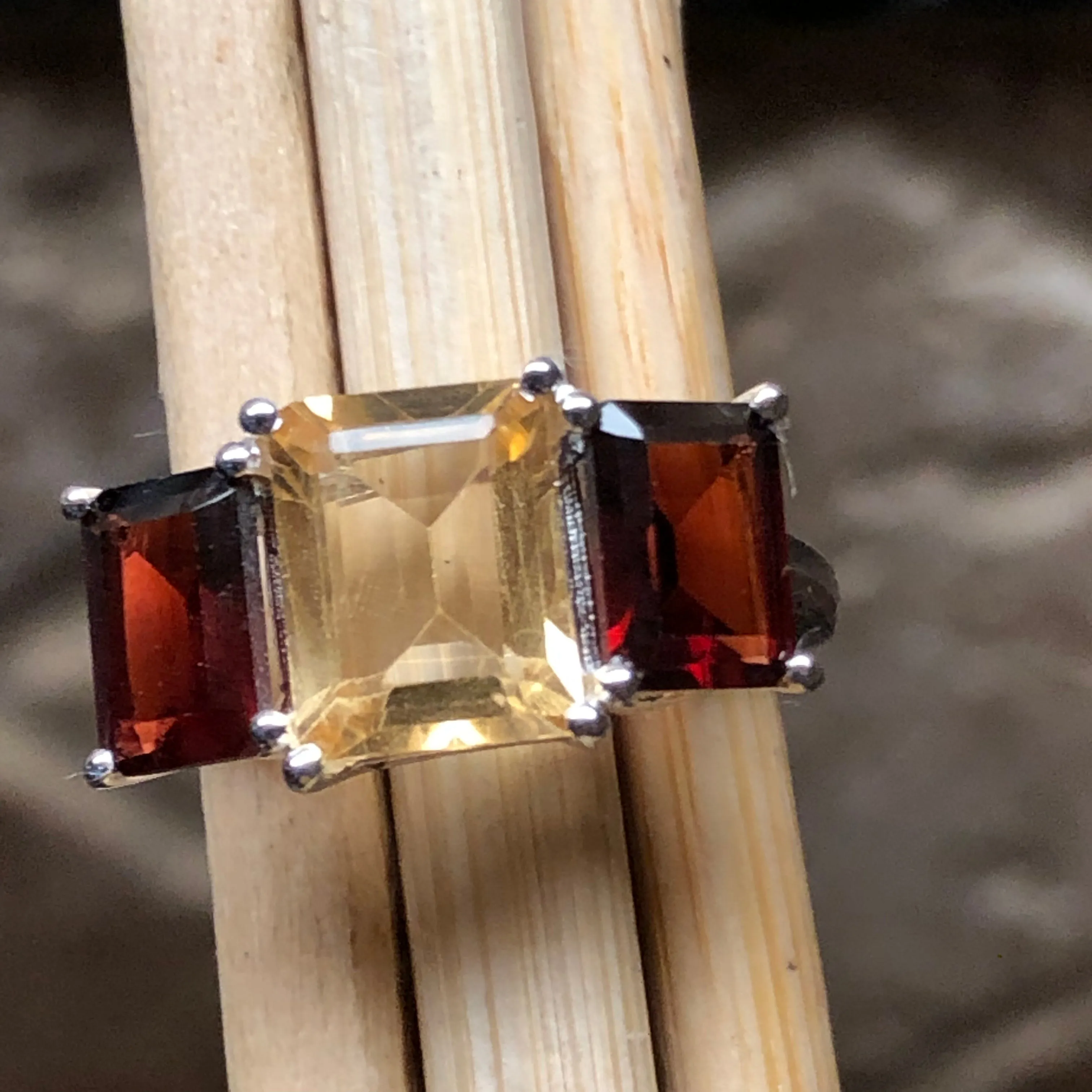 Natural 4ct Garnet, Golden Citrine 925 Solid Sterling Silver Ring Size 6, 7, 8