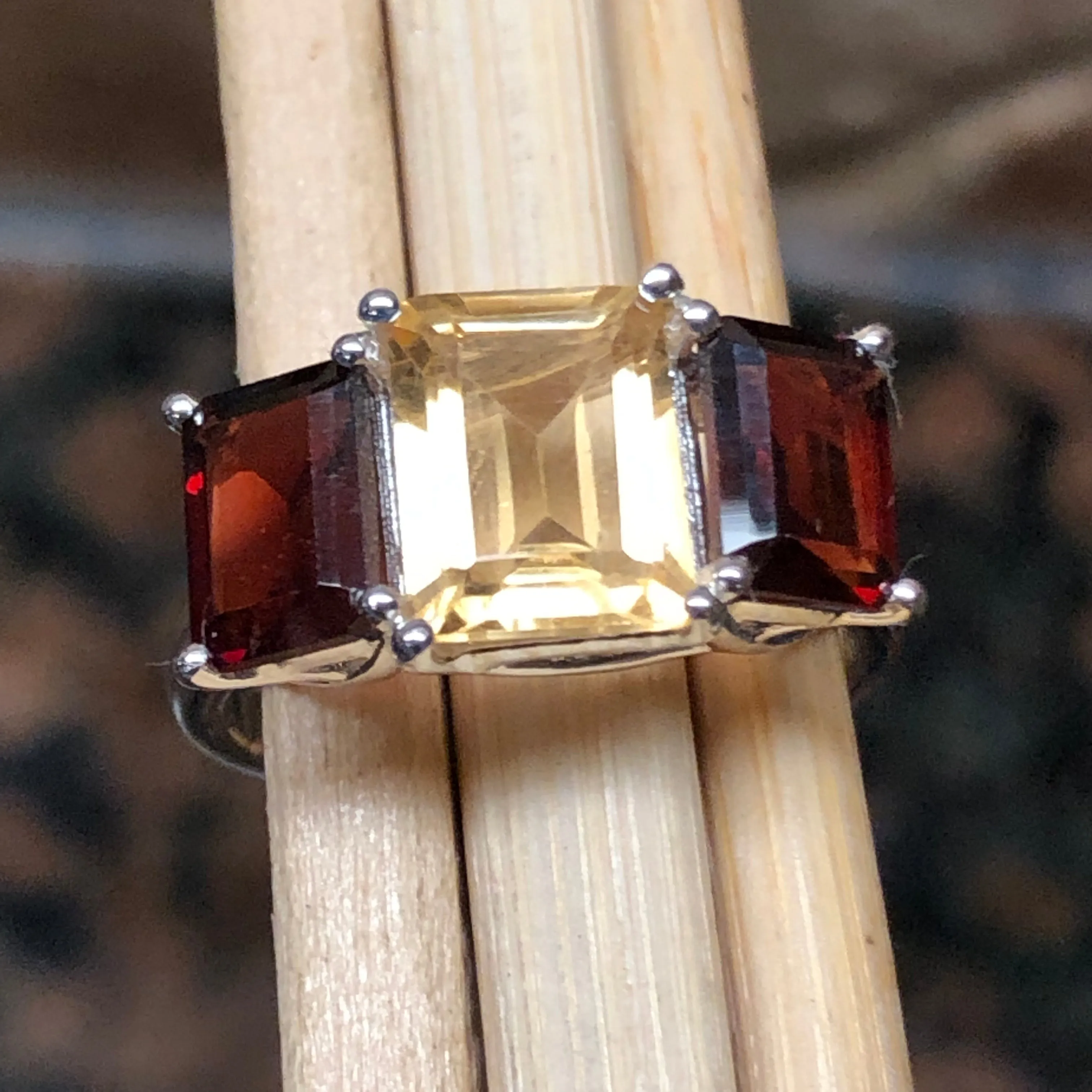 Natural 4ct Garnet, Golden Citrine 925 Solid Sterling Silver Ring Size 6, 7, 8