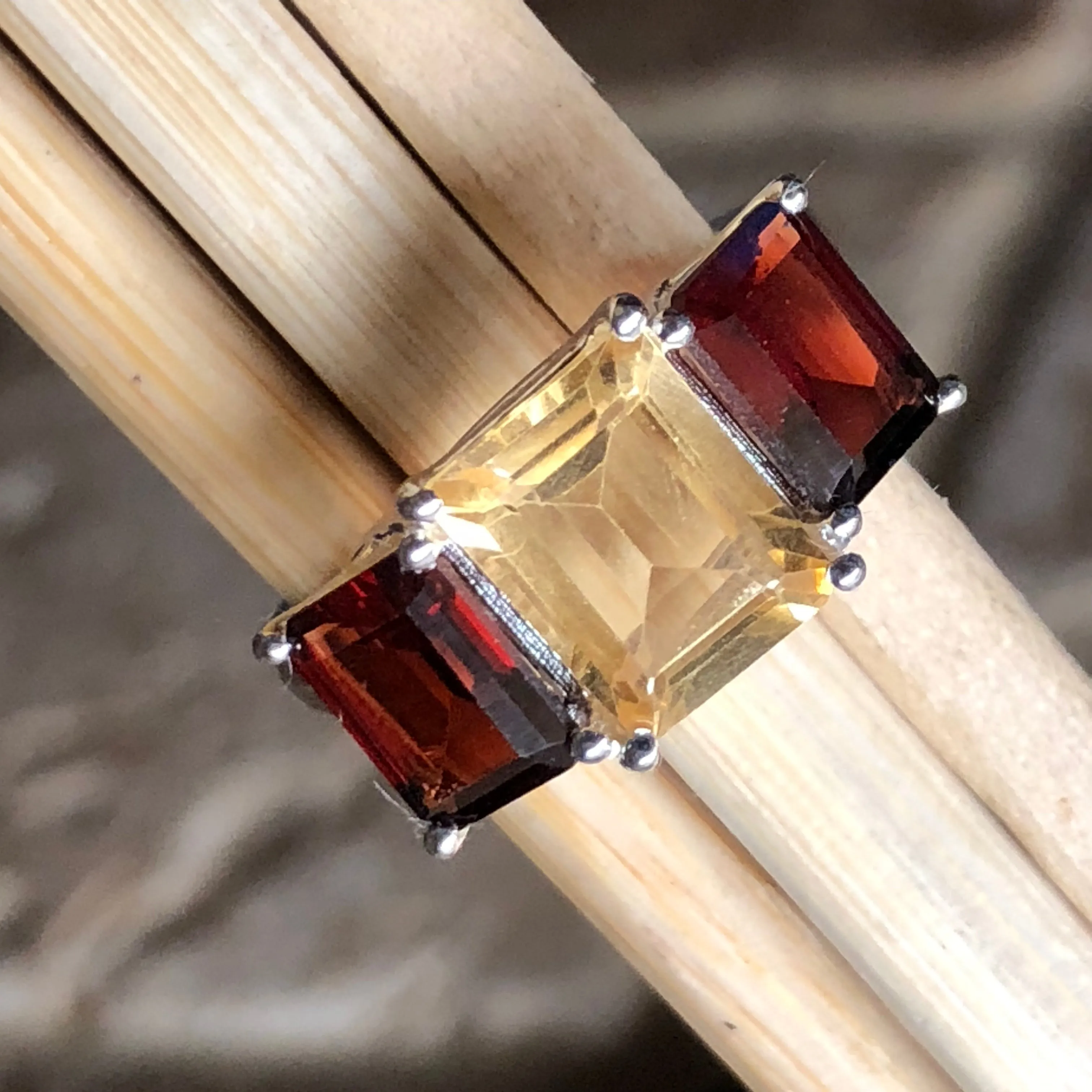 Natural 4ct Garnet, Golden Citrine 925 Solid Sterling Silver Ring Size 6, 7, 8