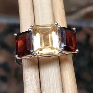 Natural 4ct Garnet, Golden Citrine 925 Solid Sterling Silver Ring Size 6, 7, 8