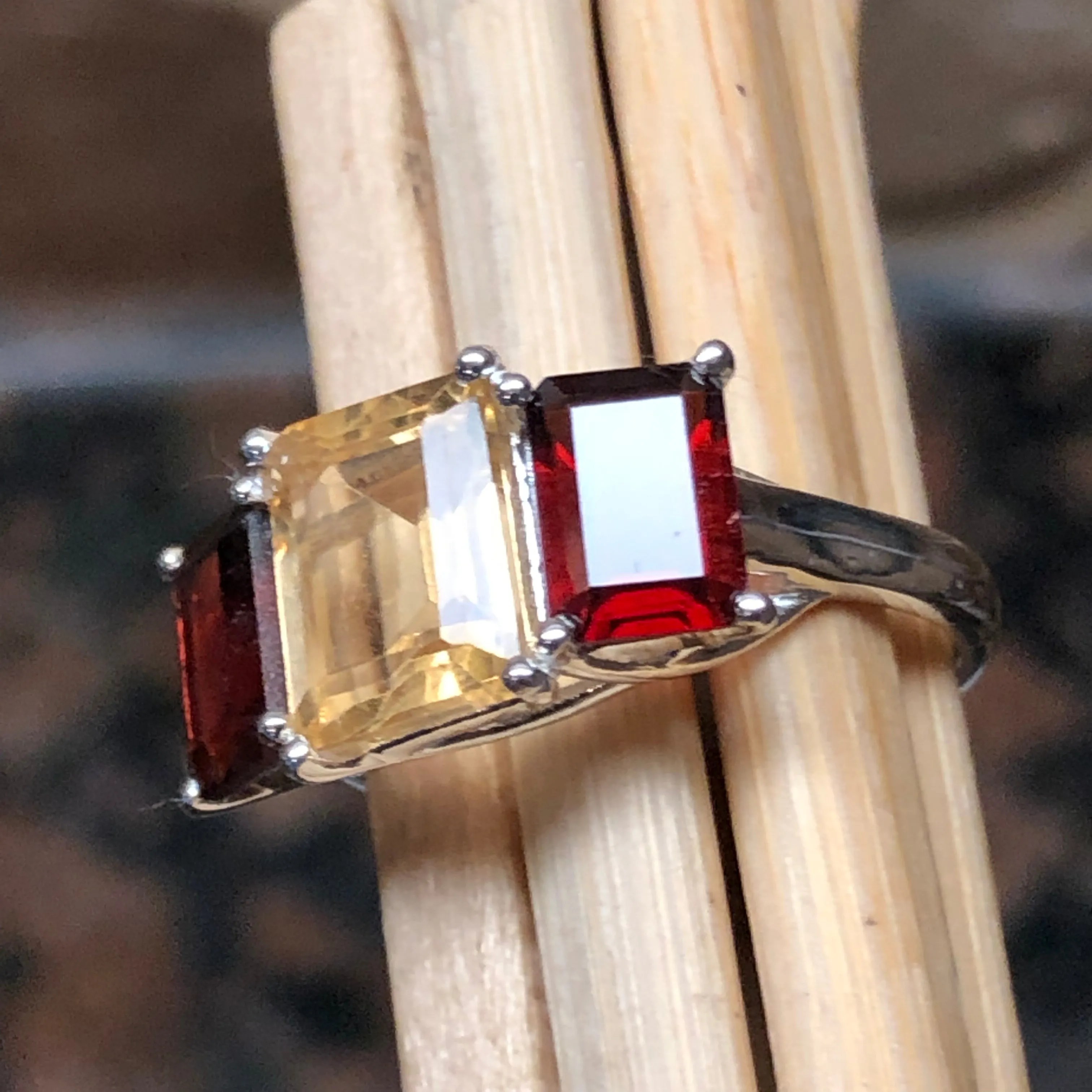 Natural 4ct Garnet, Golden Citrine 925 Solid Sterling Silver Ring Size 6, 7, 8