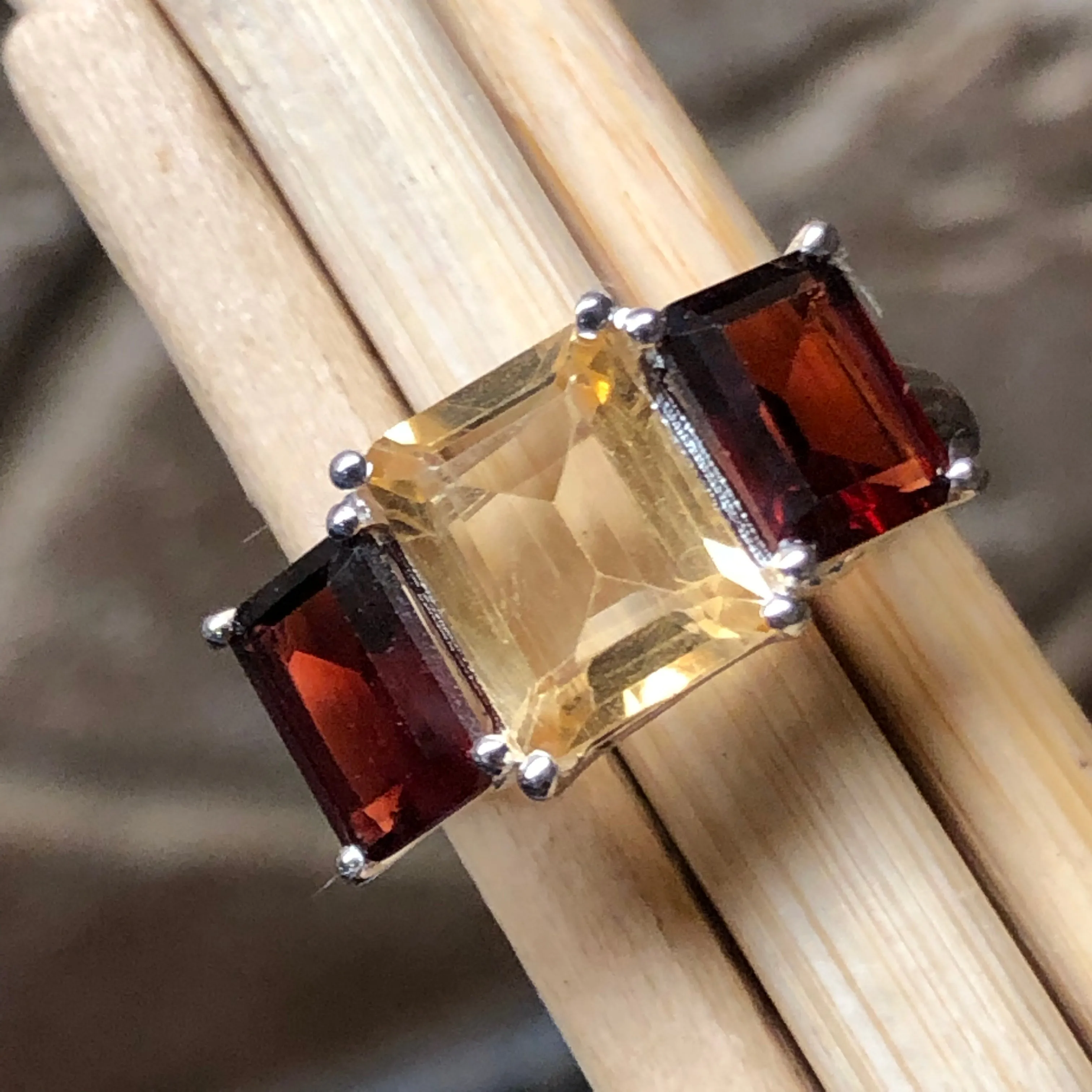 Natural 4ct Garnet, Golden Citrine 925 Solid Sterling Silver Ring Size 6, 7, 8