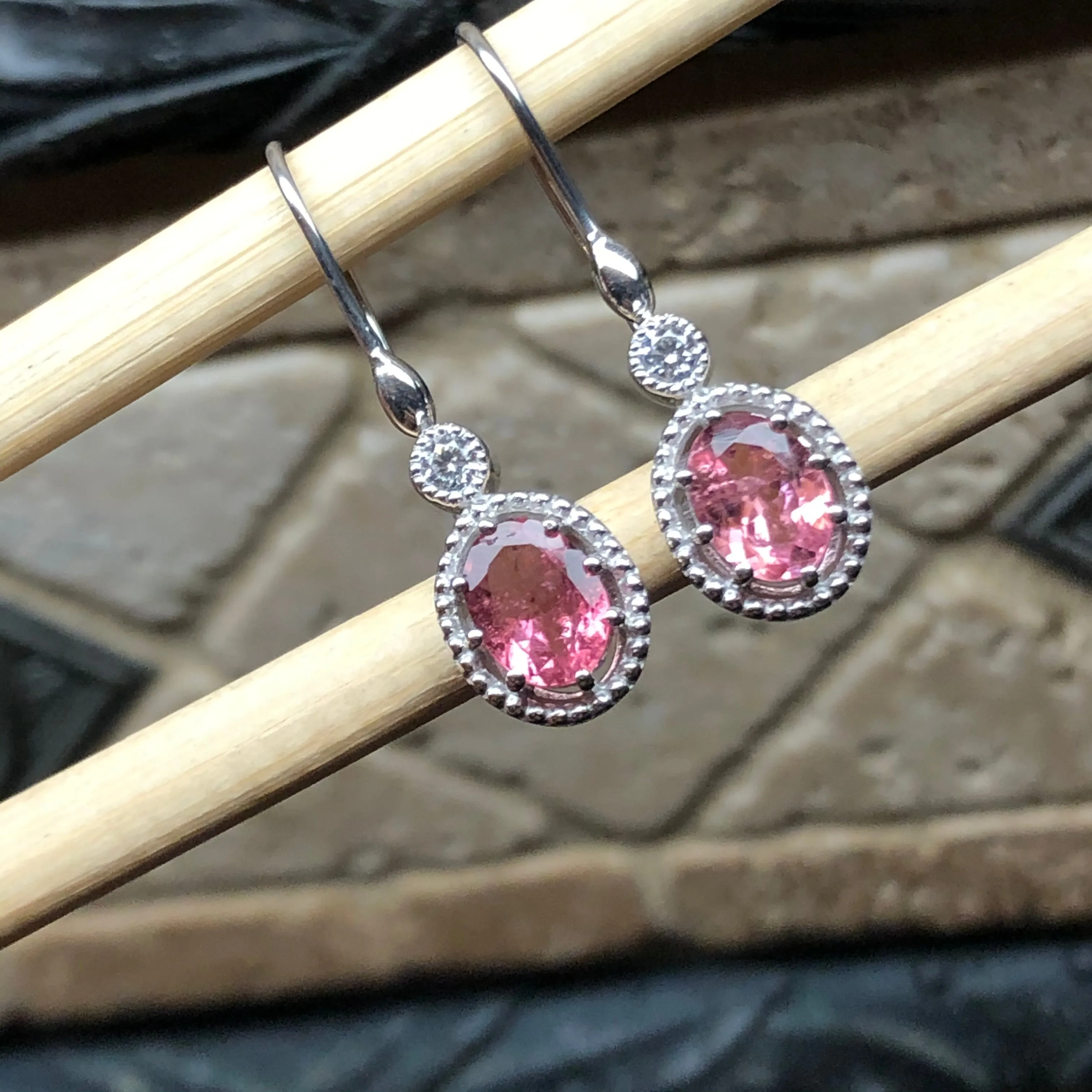 Natural 4ct Pink Tourmaline 925 Solid Sterling Silver Earrings 30mm