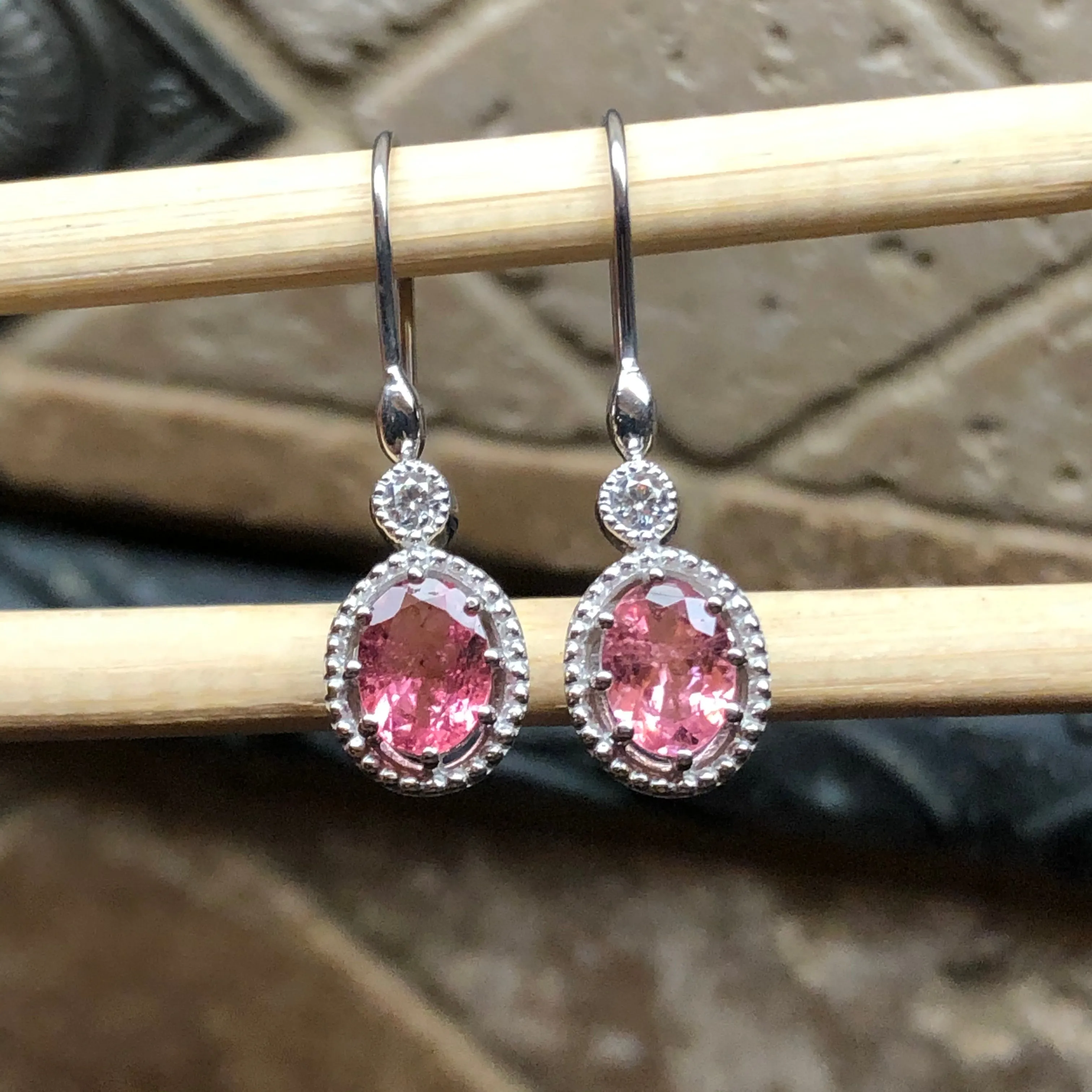 Natural 4ct Pink Tourmaline 925 Solid Sterling Silver Earrings 30mm