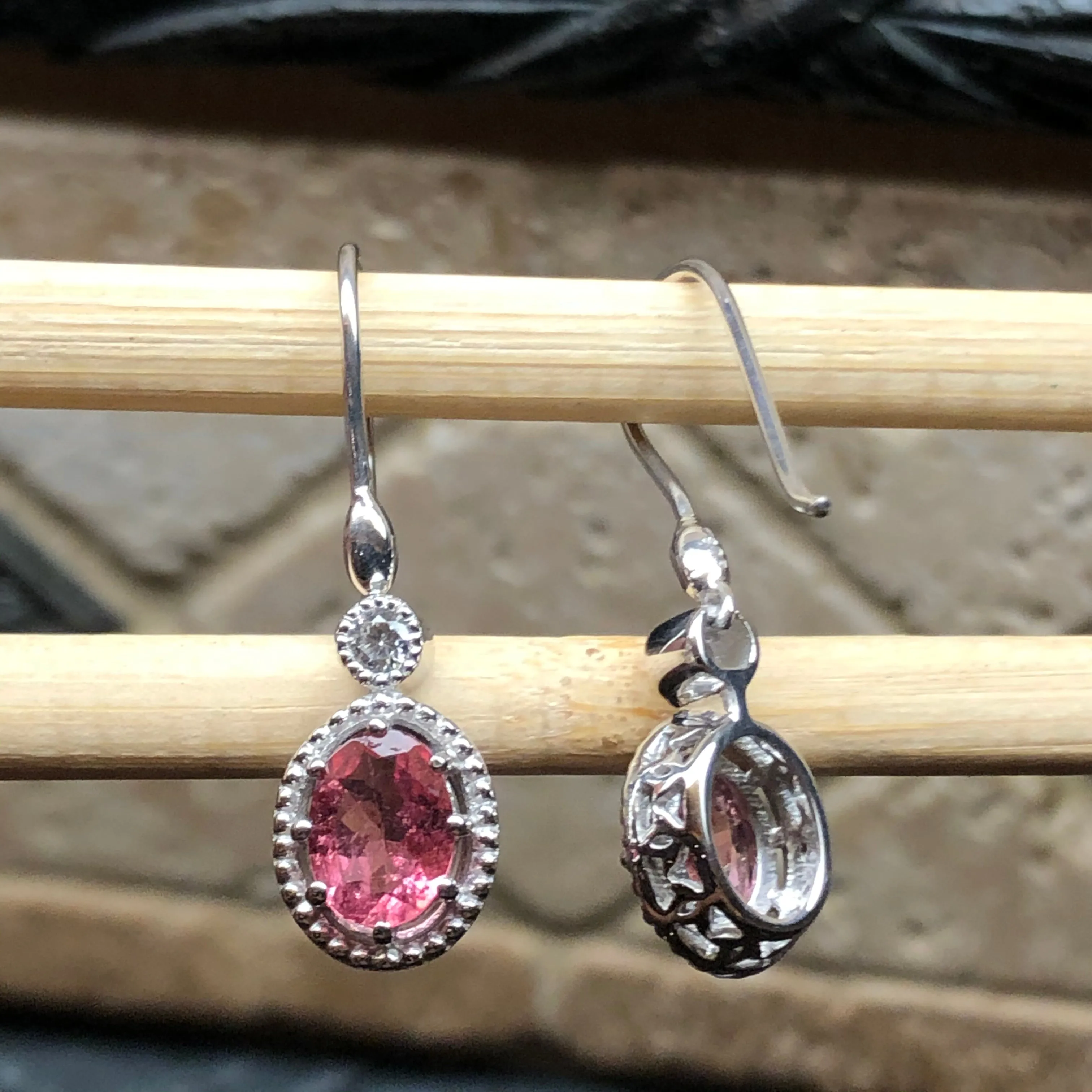 Natural 4ct Pink Tourmaline 925 Solid Sterling Silver Earrings 30mm