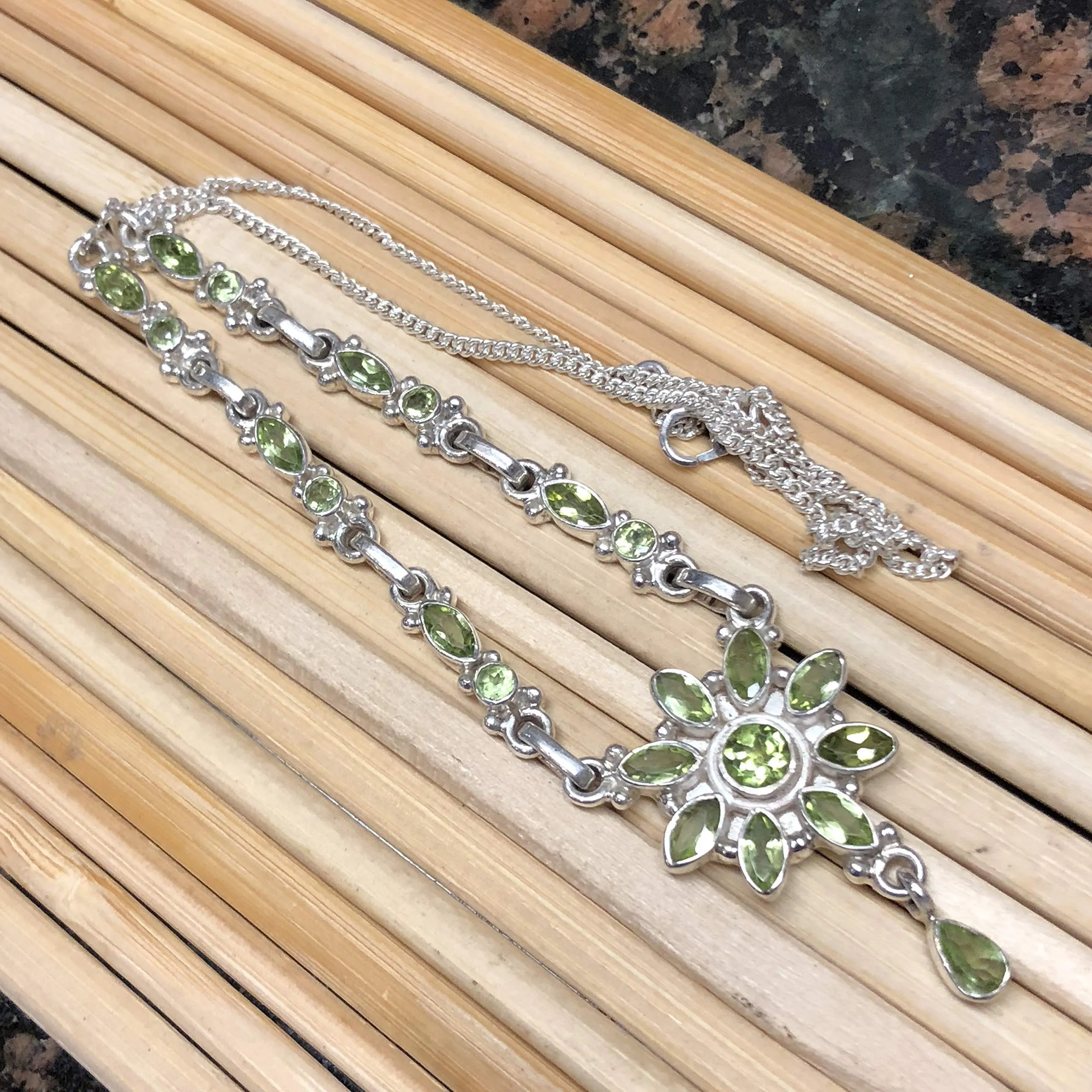 Natural 8ct Green Peridot 925 Solid Sterling Silver Journey Necklace 17"