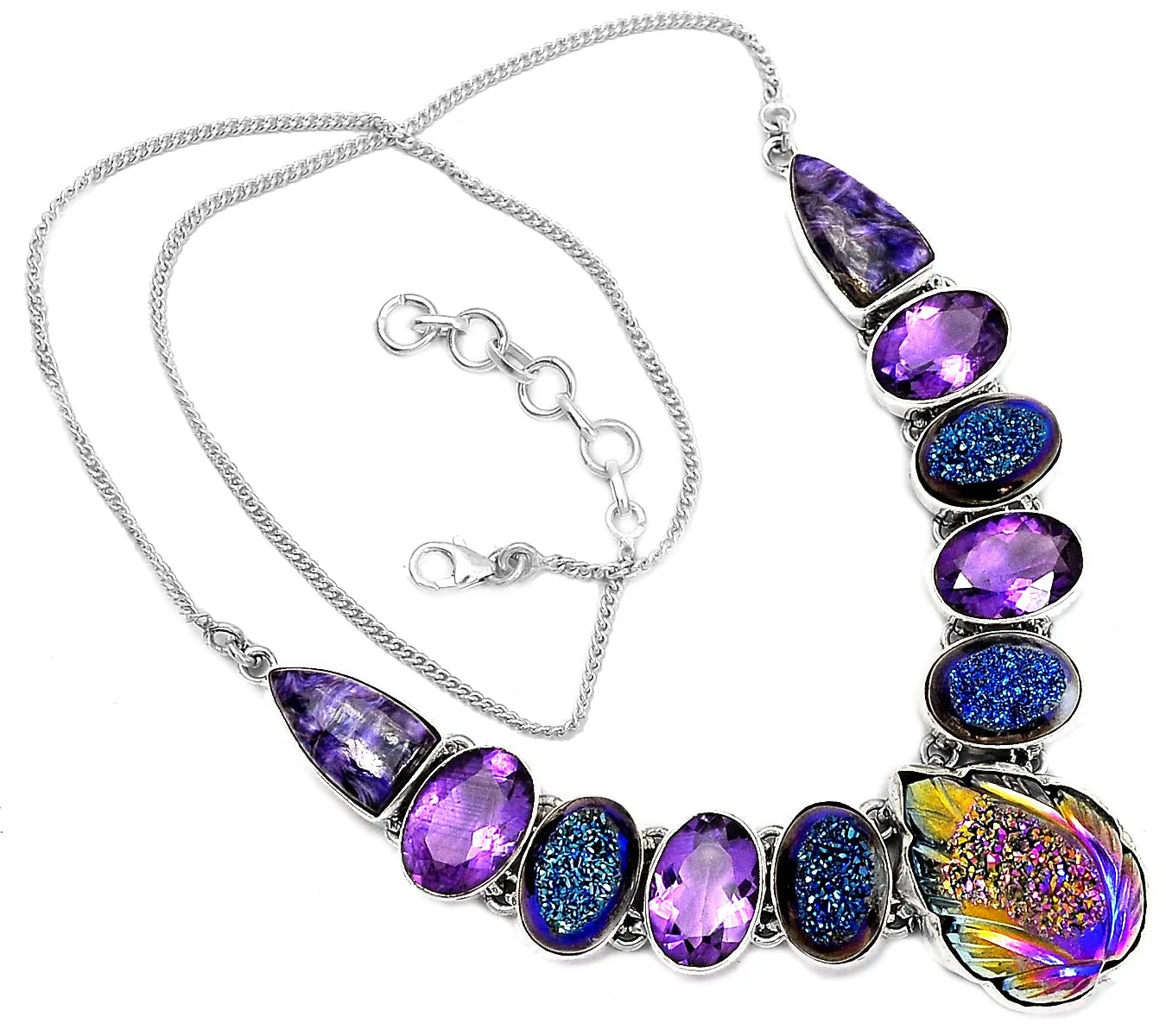 Natural 8ct Purple Amethyst Siberian Charoite Rainbow Titanium Druzy  925 Solid Sterling Silver Necklace 16"