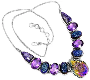 Natural 8ct Purple Amethyst Siberian Charoite Rainbow Titanium Druzy  925 Solid Sterling Silver Necklace 16"