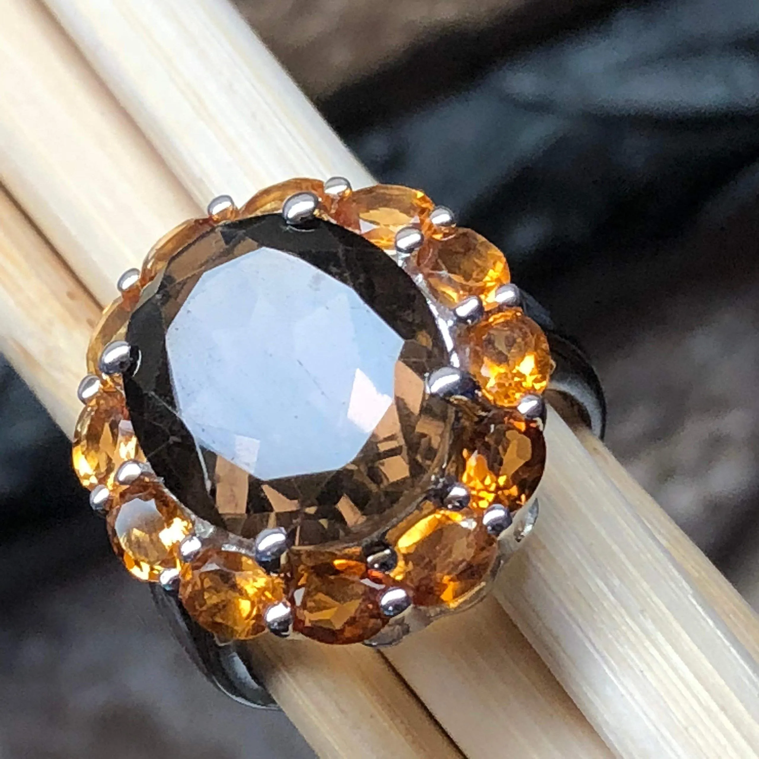 Natural 8ct Smoky Topaz, Golden Citrine 925 Solid Sterling Silver Ring Size 6, 7, 8, 9