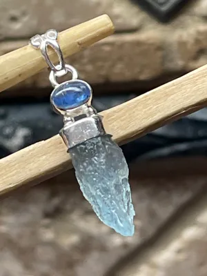 Natural Aquamarine, Kyanite 925 Solid Sterling Silver Pendant 35mm