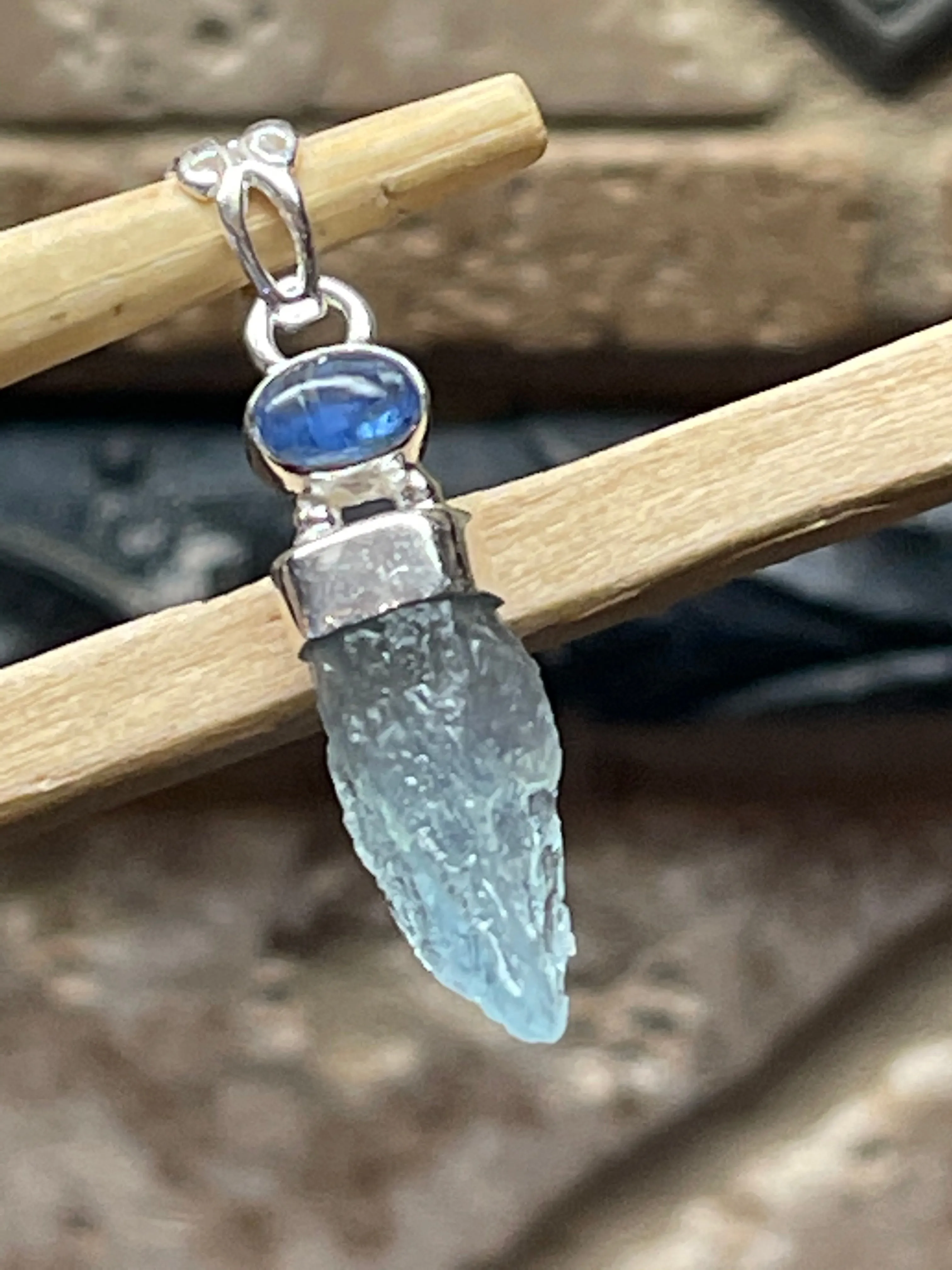 Natural Aquamarine, Kyanite 925 Solid Sterling Silver Pendant 35mm