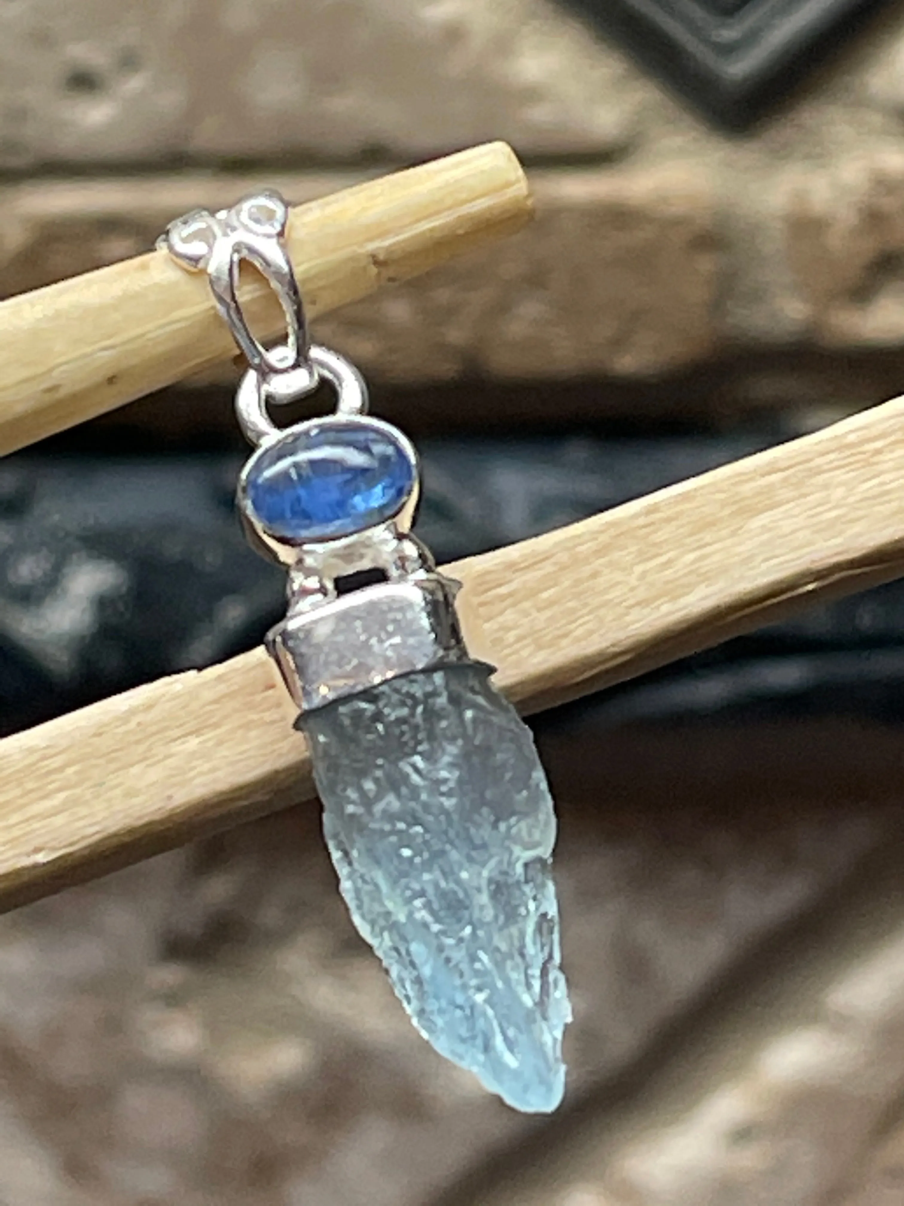 Natural Aquamarine, Kyanite 925 Solid Sterling Silver Pendant 35mm