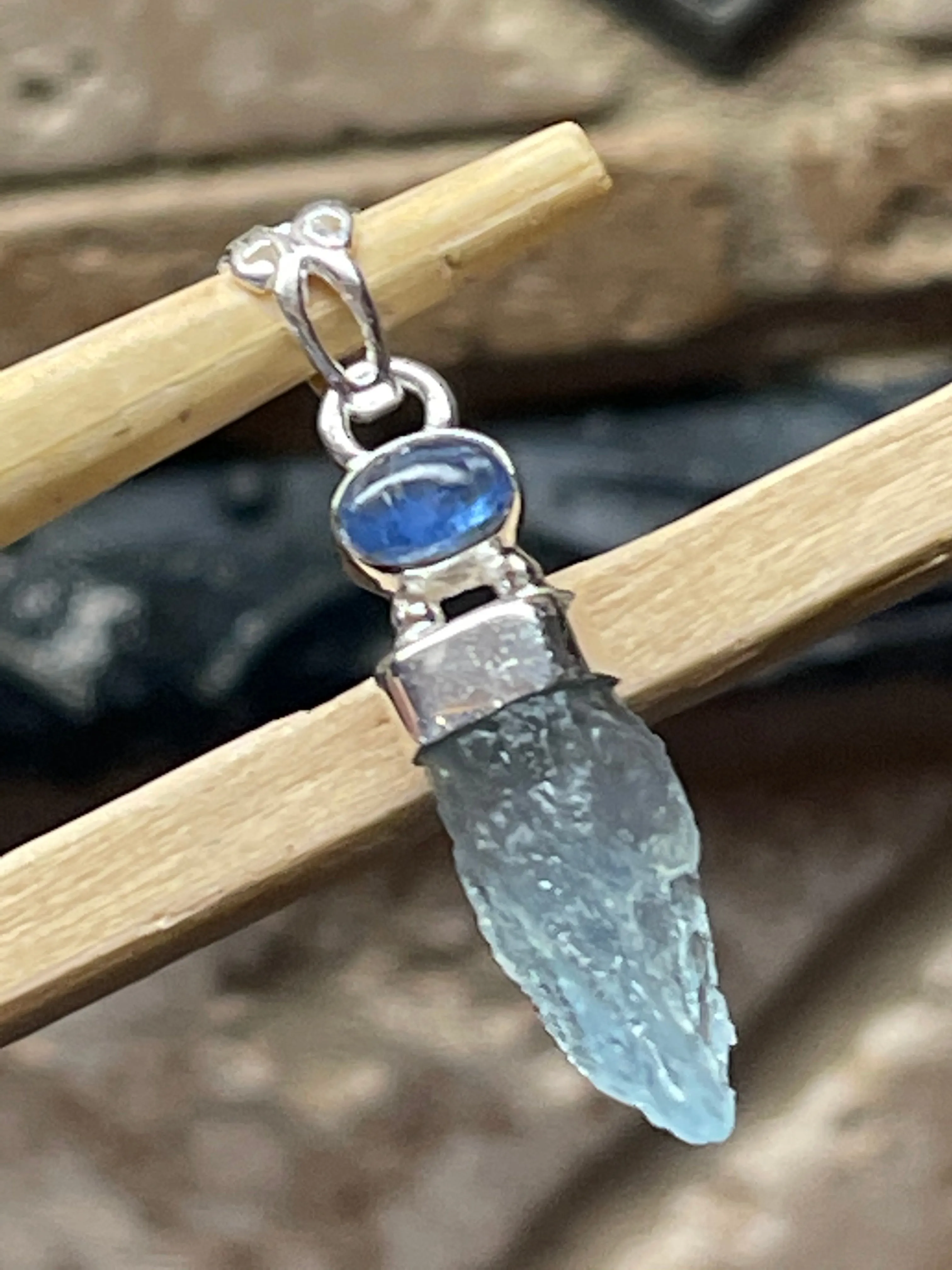 Natural Aquamarine, Kyanite 925 Solid Sterling Silver Pendant 35mm