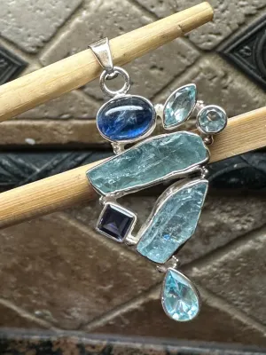 Natural Aquamarine, Kyanite, Blue Topaz, Iolite 925 Solid Sterling Silver Pendant 45mm