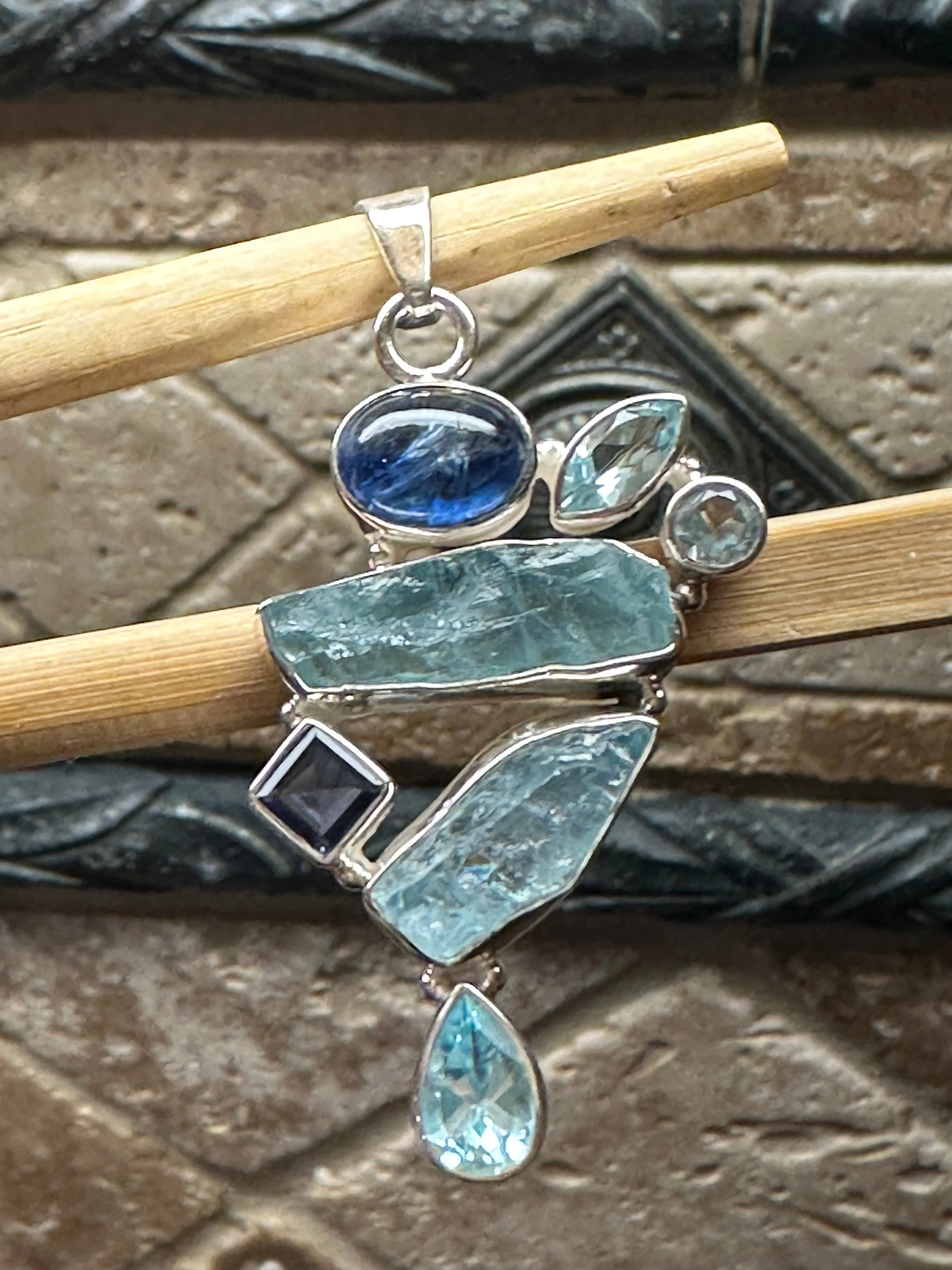 Natural Aquamarine, Kyanite, Blue Topaz, Iolite 925 Solid Sterling Silver Pendant 45mm