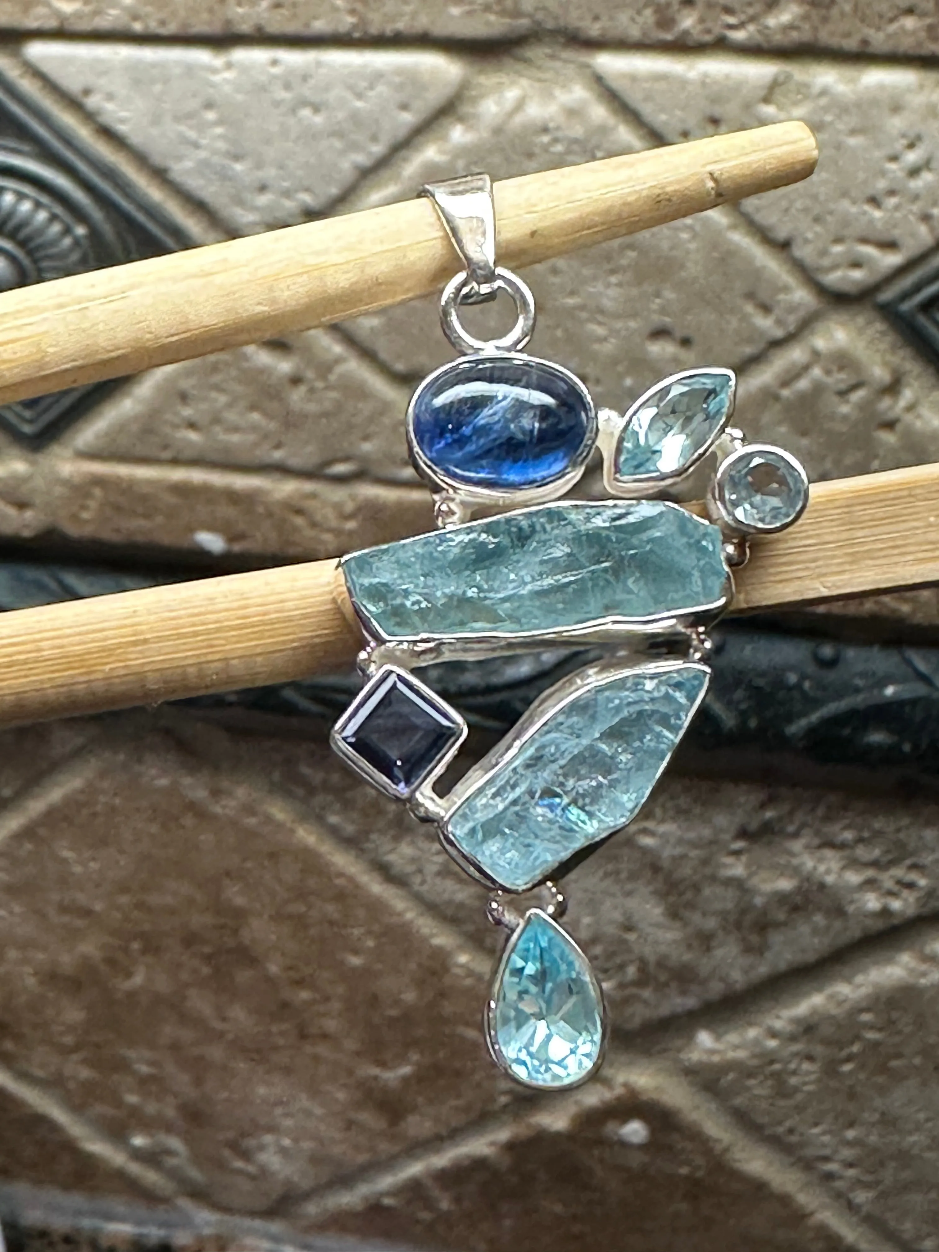 Natural Aquamarine, Kyanite, Blue Topaz, Iolite 925 Solid Sterling Silver Pendant 45mm