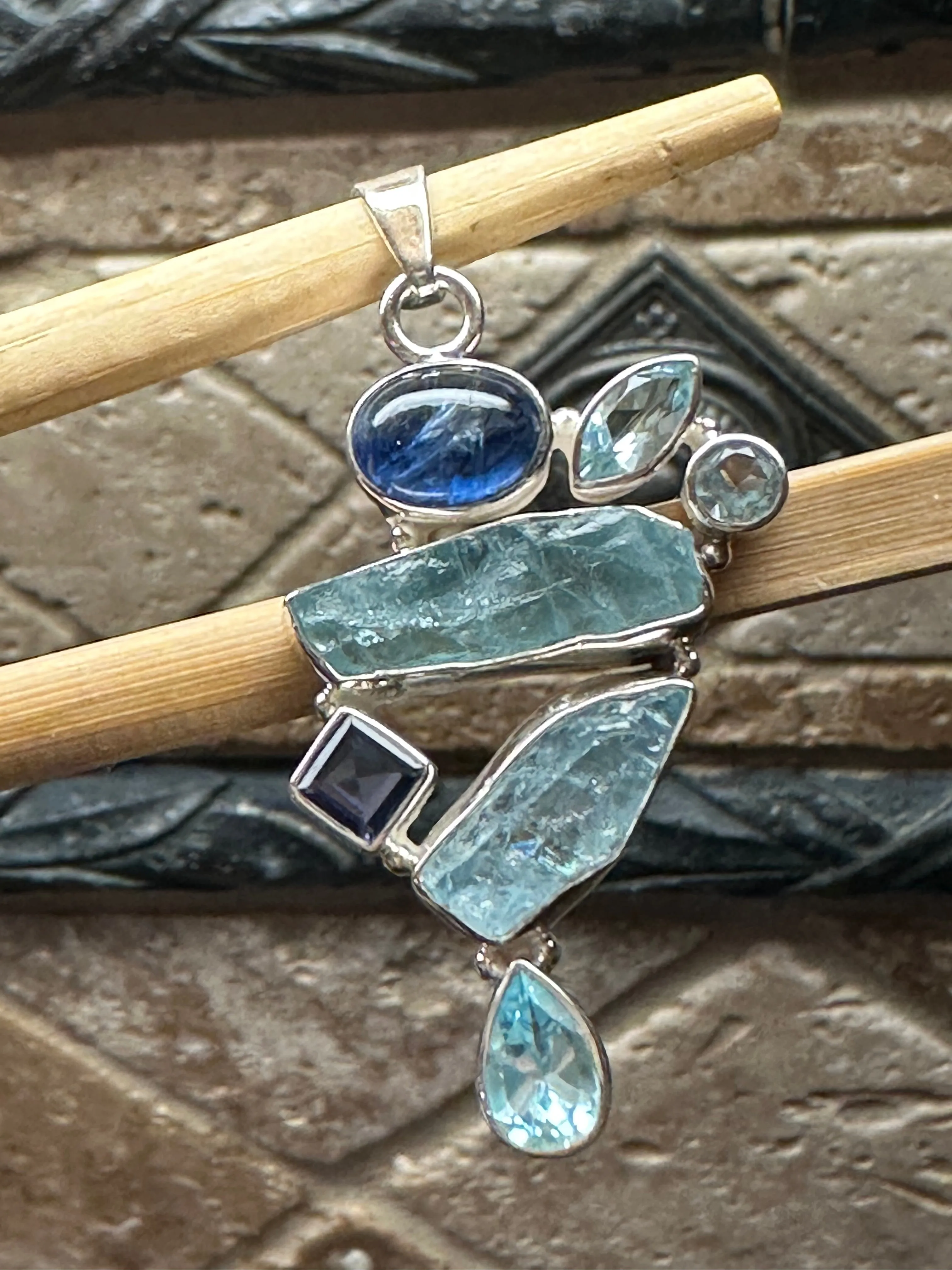 Natural Aquamarine, Kyanite, Blue Topaz, Iolite 925 Solid Sterling Silver Pendant 45mm