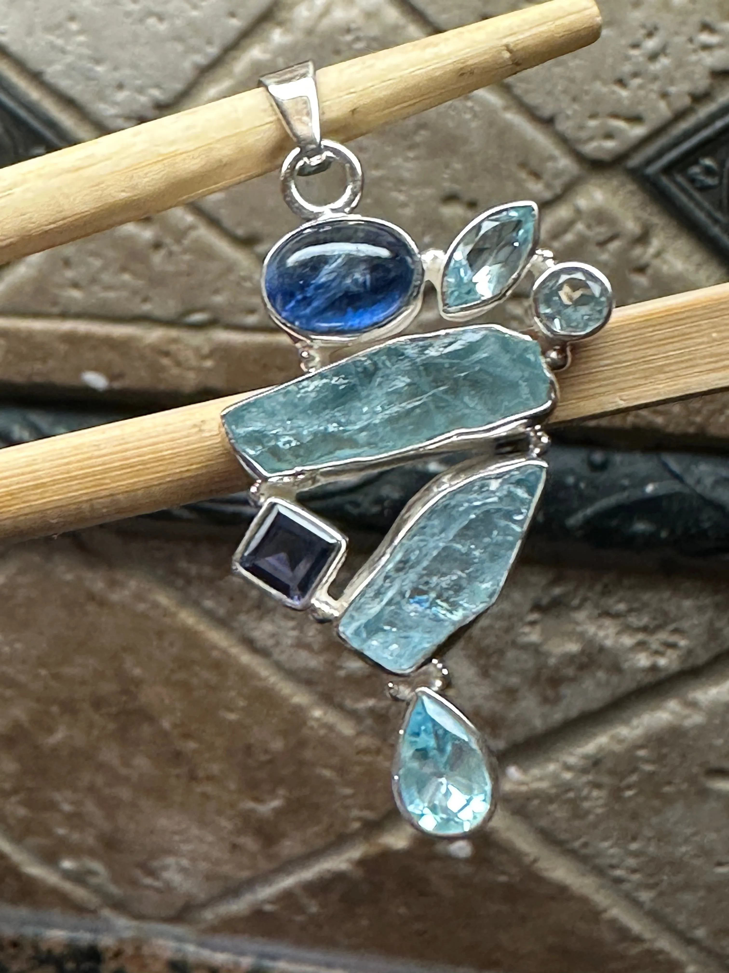 Natural Aquamarine, Kyanite, Blue Topaz, Iolite 925 Solid Sterling Silver Pendant 45mm